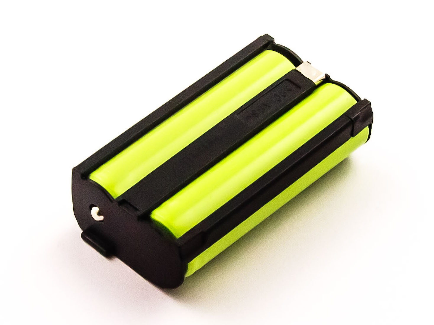 Zwei grüne Batterien in einem schwarzen Halter.