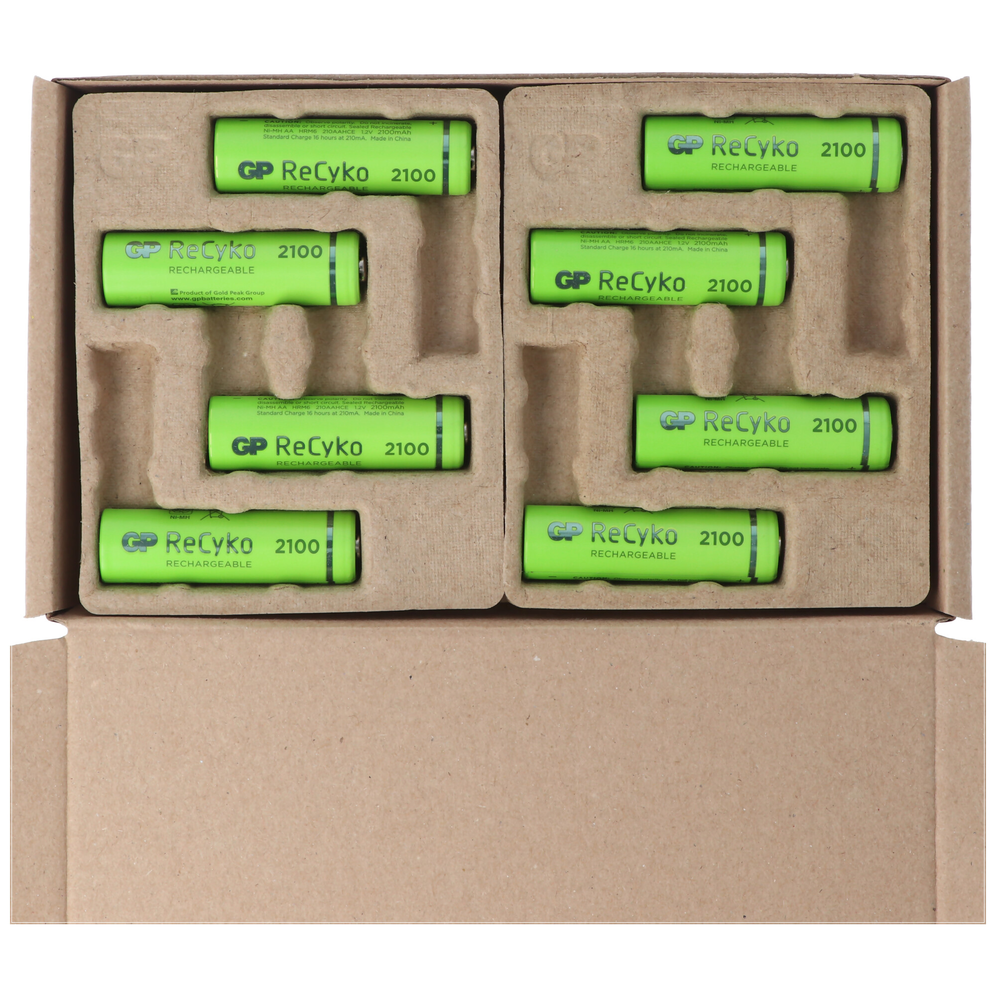 Doos met acht groene GP ReCyko 2100 oplaadbare batterijen.