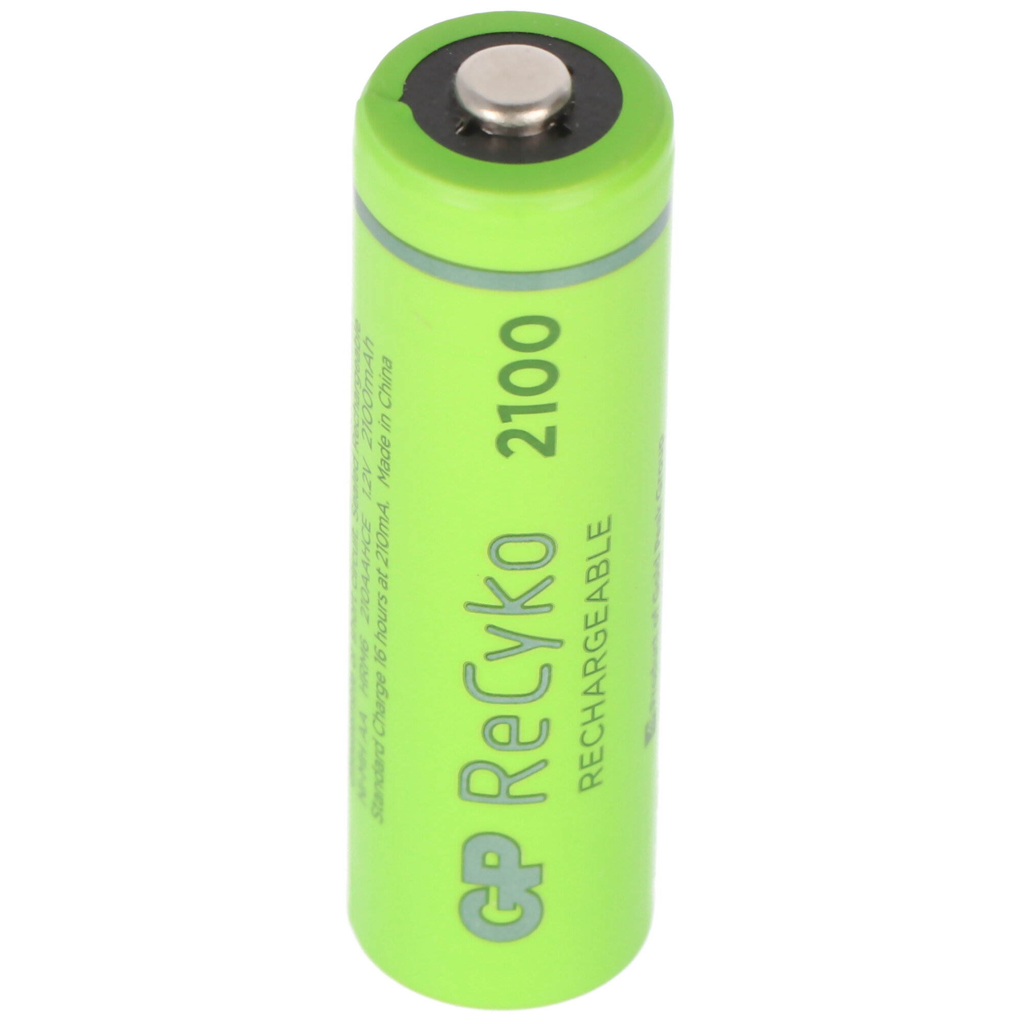 Een groene, cilindrische oplaadbare batterij met de tekst 'GP ReCyko 2100'.