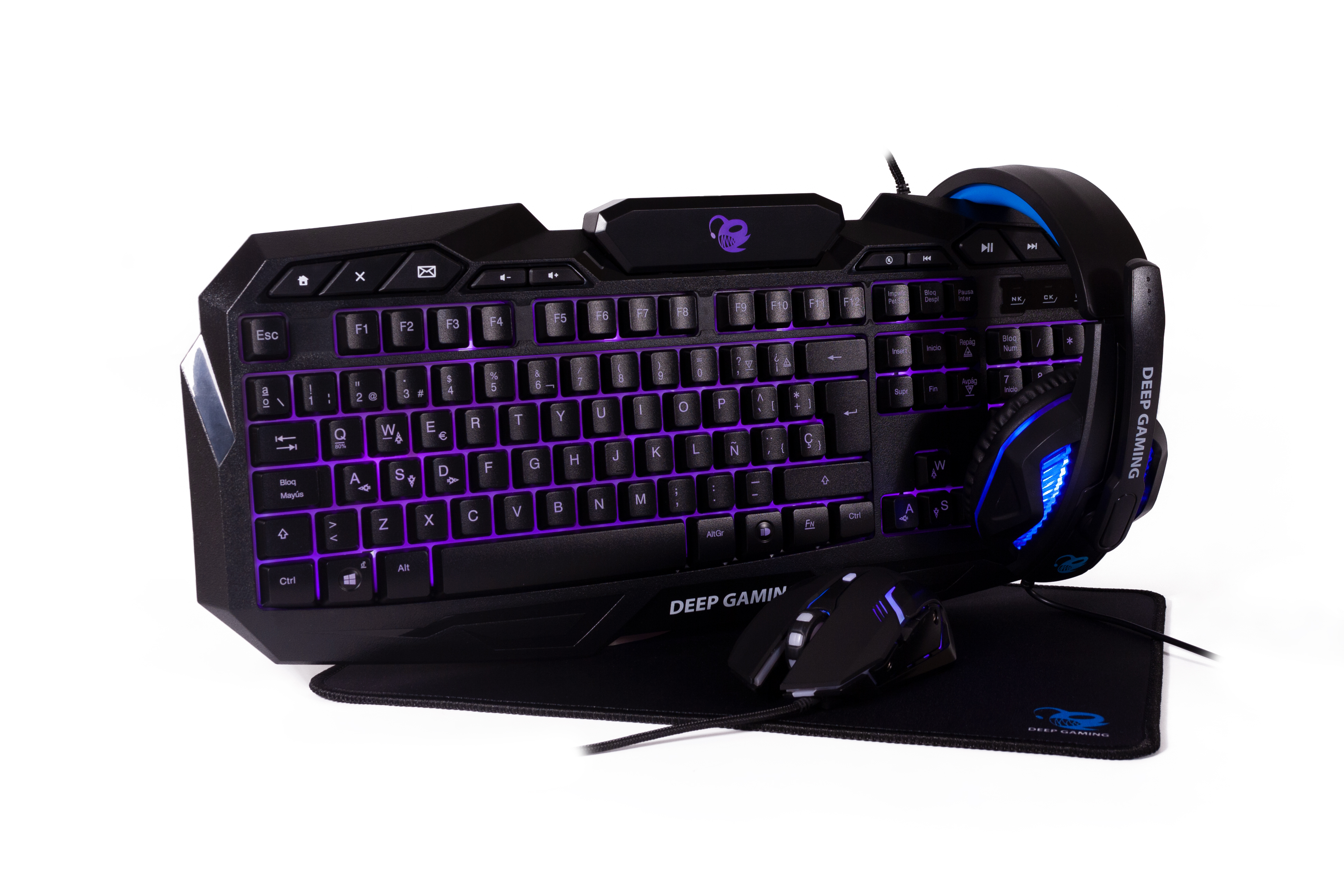 Pack gaming - DEEP GAMING Teclado + ratón + auricular + alfombrilla gaming DeepGaming Kit LED USB, Cable USB, Negro