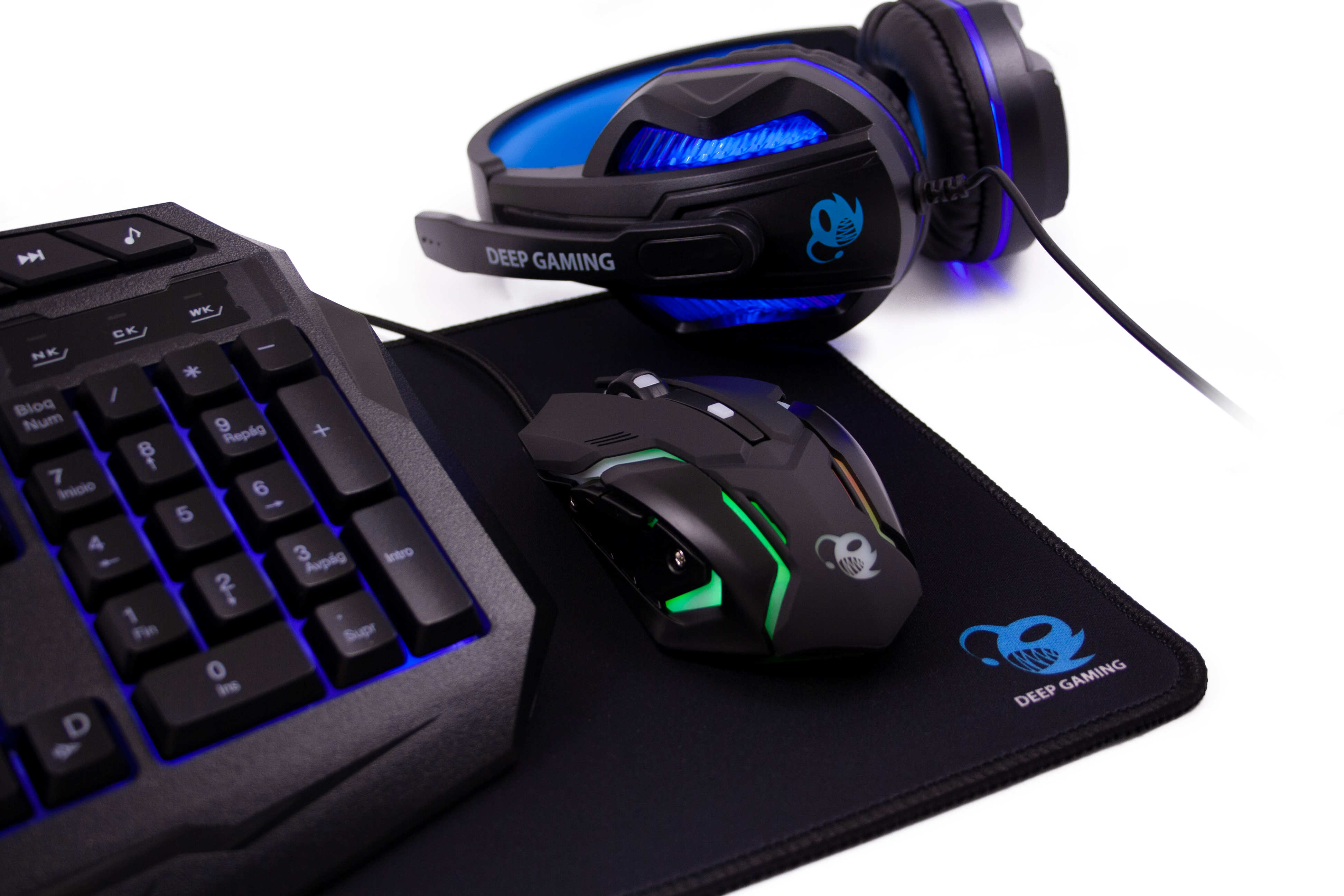 Pack gaming - DEEP GAMING Teclado + ratón + auricular + alfombrilla gaming DeepGaming Kit LED USB, Cable USB, Negro