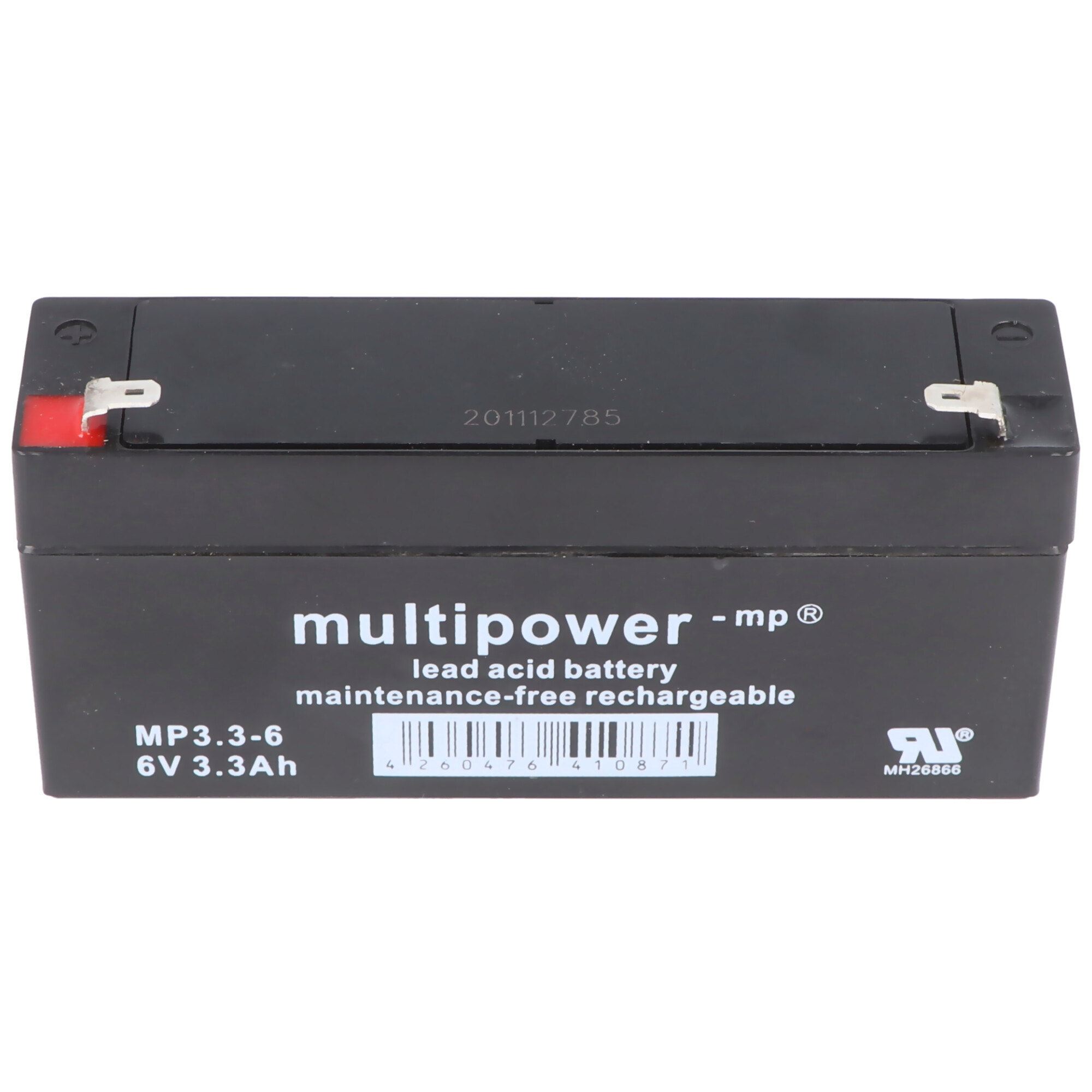 Rechteckige schwarze Batterie mit weißem Text auf weißem Hintergrund. Text zeigt die Akku-Spezifikationen.