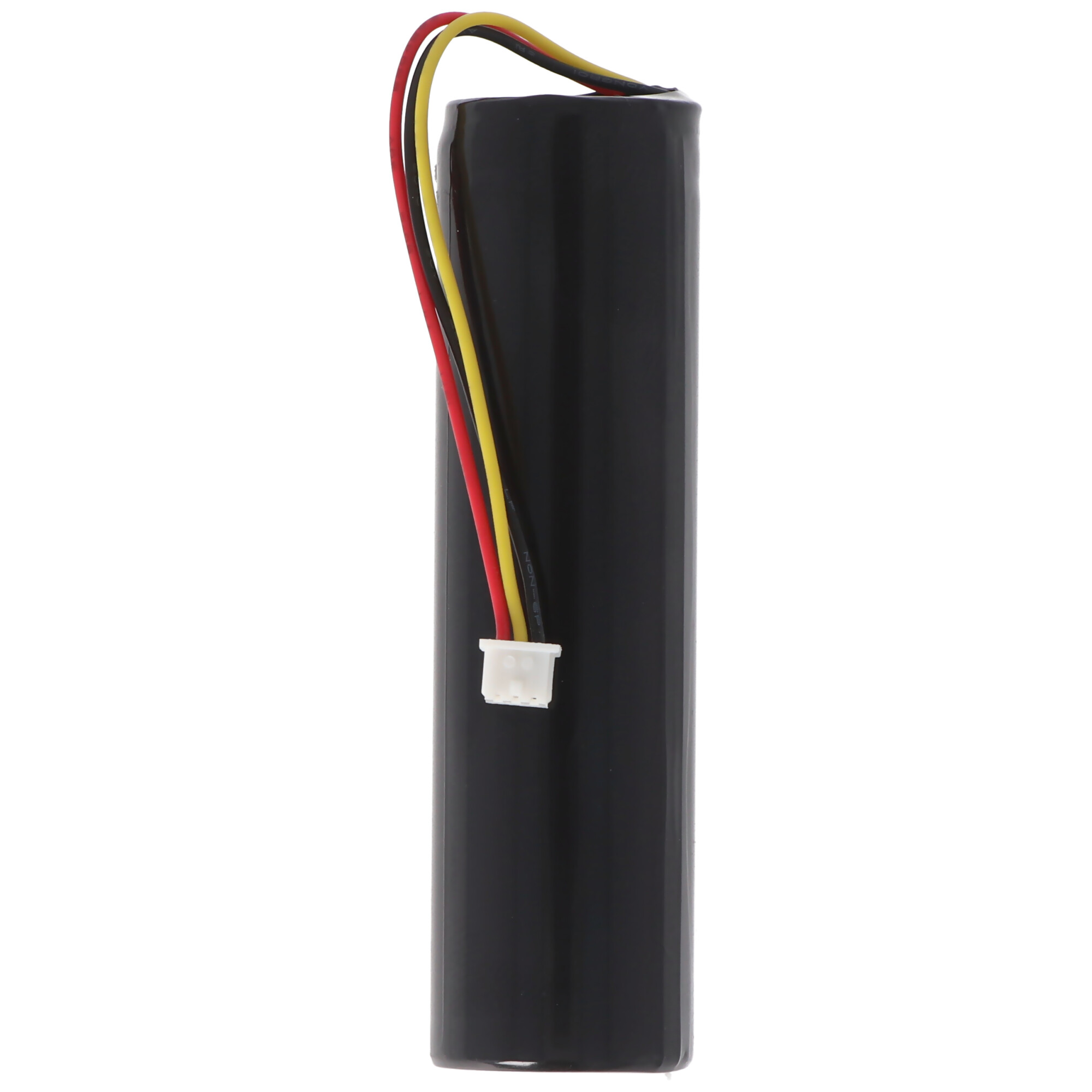 Schwarzer Akku mit rotem, gelbem und schwarzem Kabel und weißem Stecker.