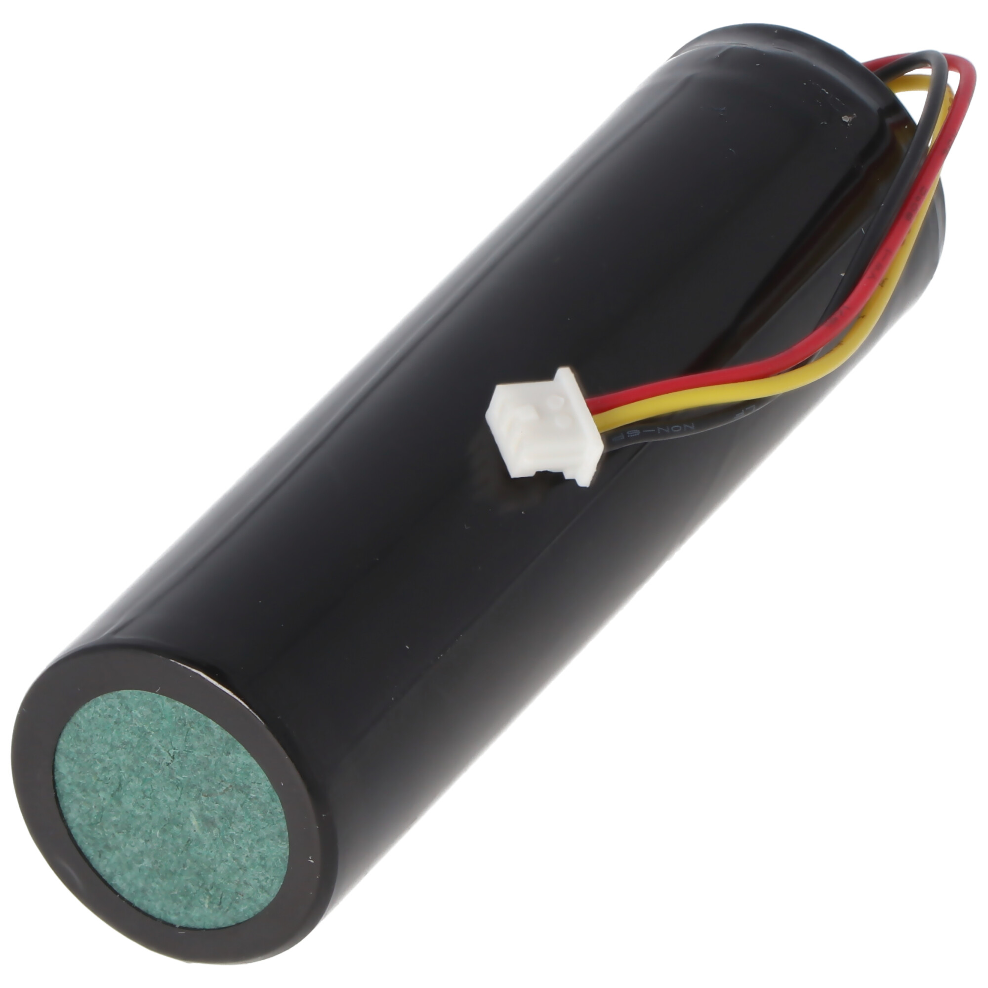Schwarzer zylindrischer Akku mit rotem, gelbem und schwarzem Kabelanschluss.