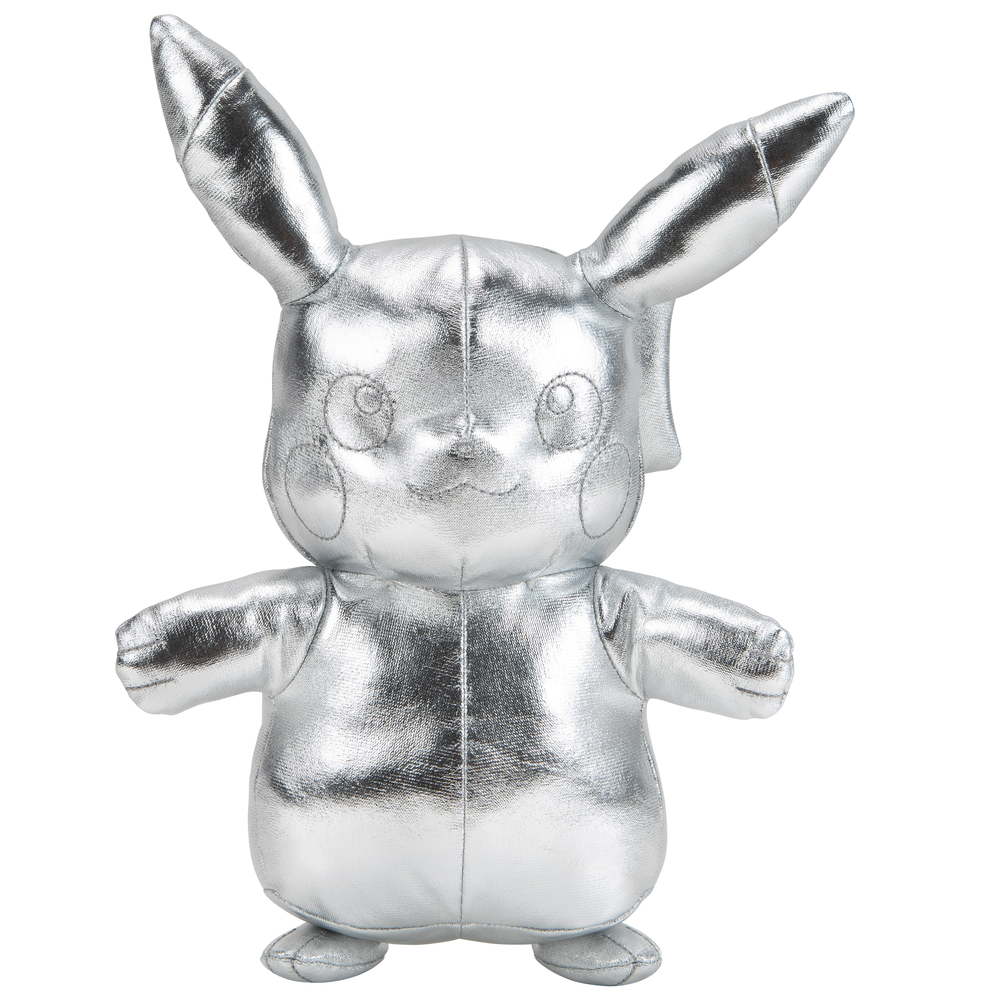 Ein silbernes Pikachu-Plüschtier mit großen Ohren auf weißem Hintergrund.