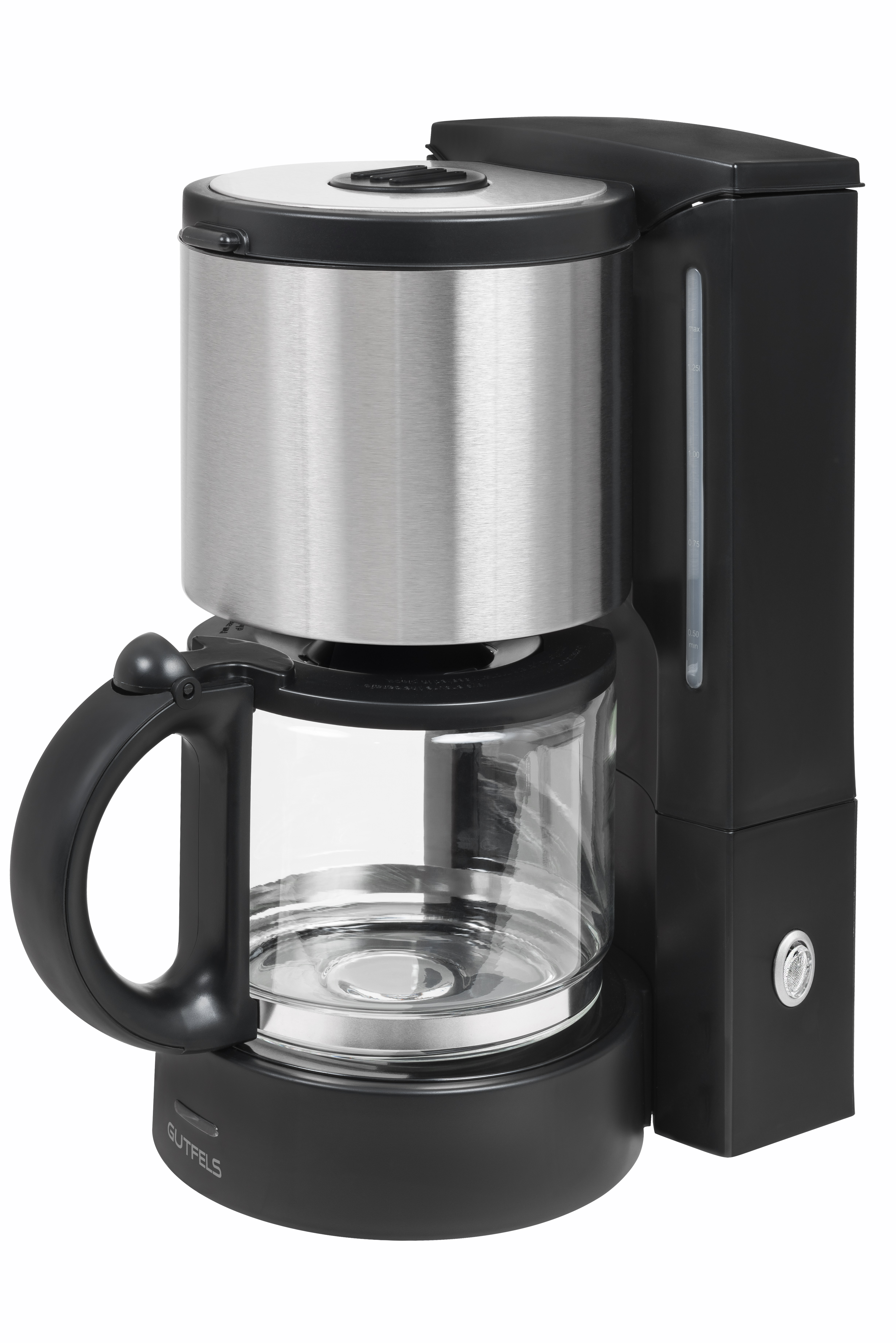 Kaffeemaschine: Schwarze Basis, Glaskaraffe, Edelstahl-Oberteil und ein schwarzer Griff.