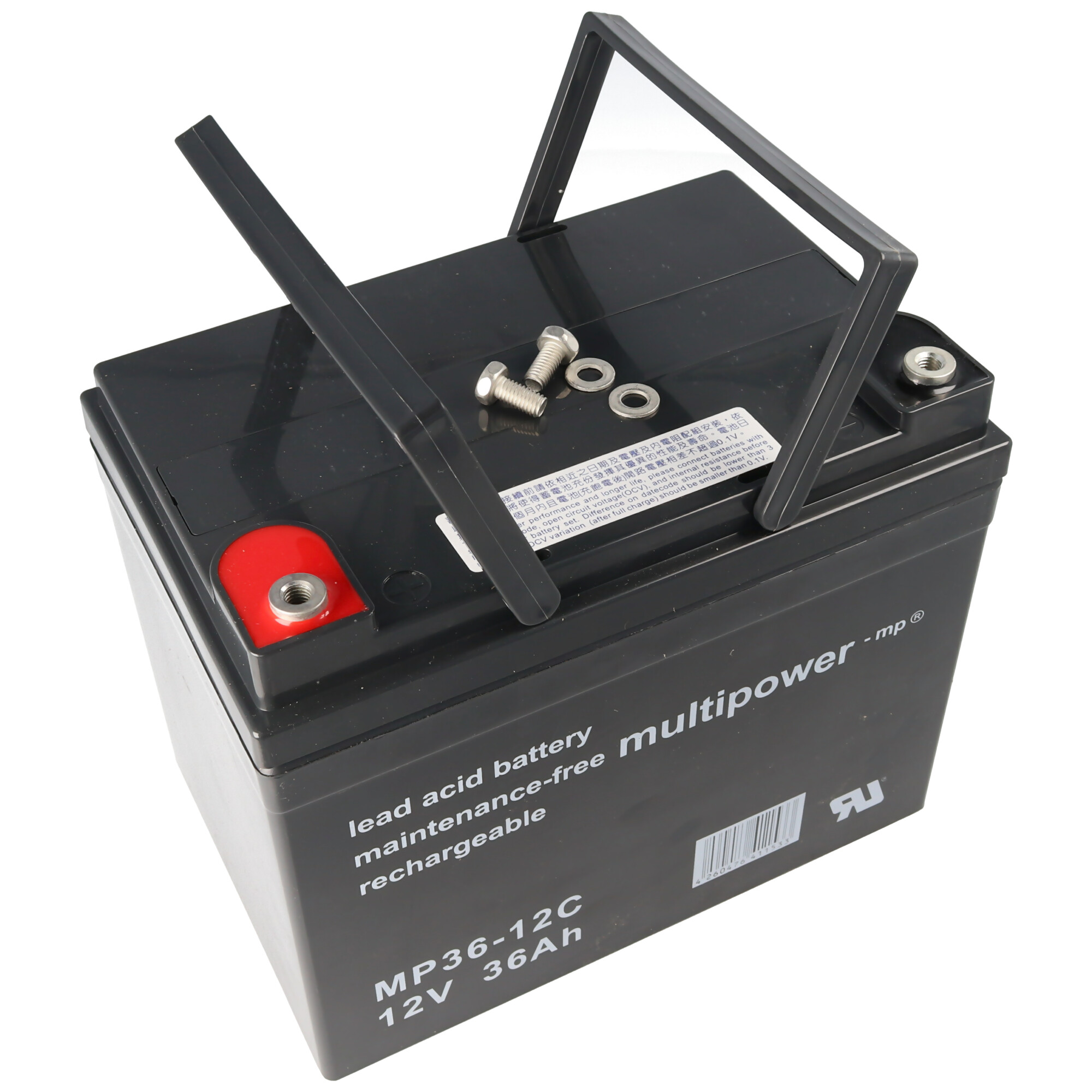 Una batteria al piombo nera con maniglia e viti. Ha un'etichetta con testo: MP36-12C 12V 36Ah, nero.