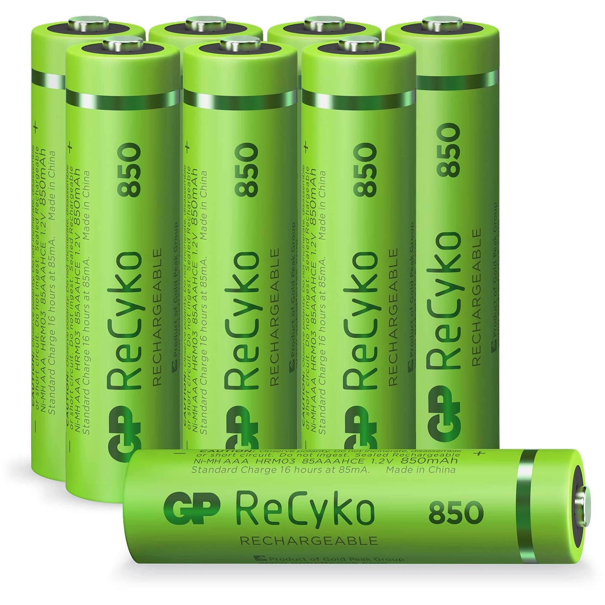 Een groep groene oplaadbare batterijen. Elke batterij heeft het nummer 850.