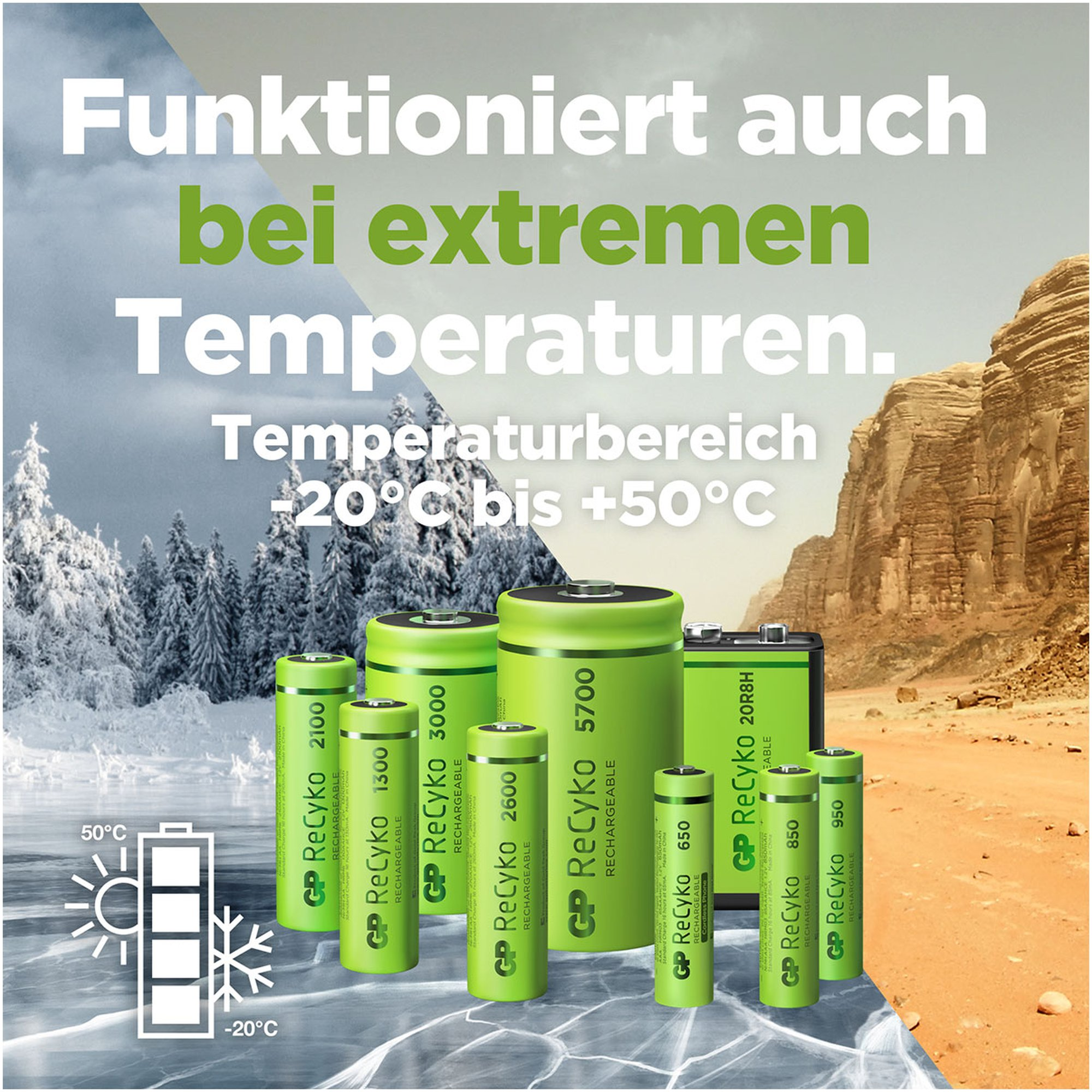 Groene batterijen van verschillende formaten, met tekst over gebruik bij extreme temperaturen.