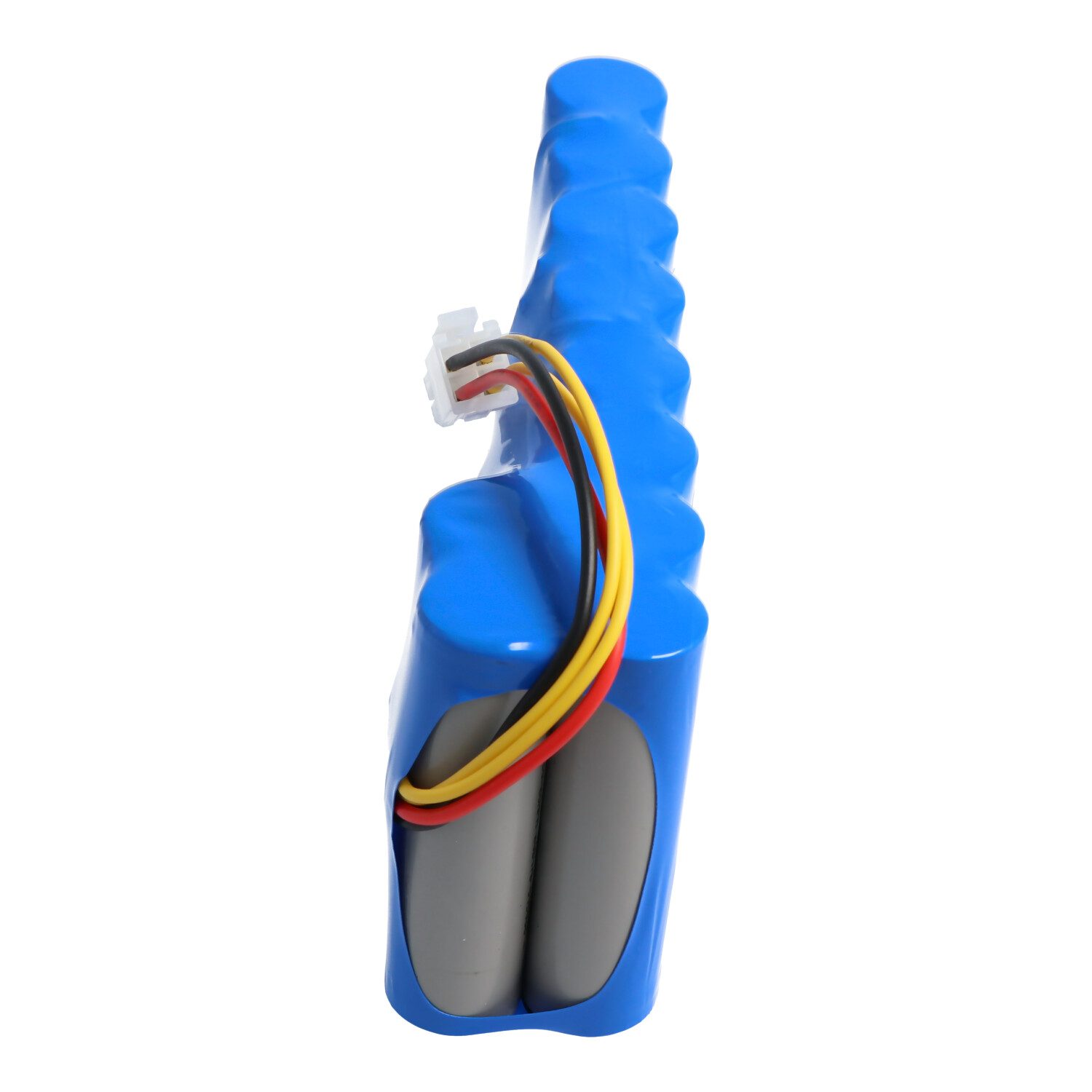 Blaues Batteriepack mit Kabeln und Stecker, isoliert auf Weiß. Es hat eine zylindrische Form.
