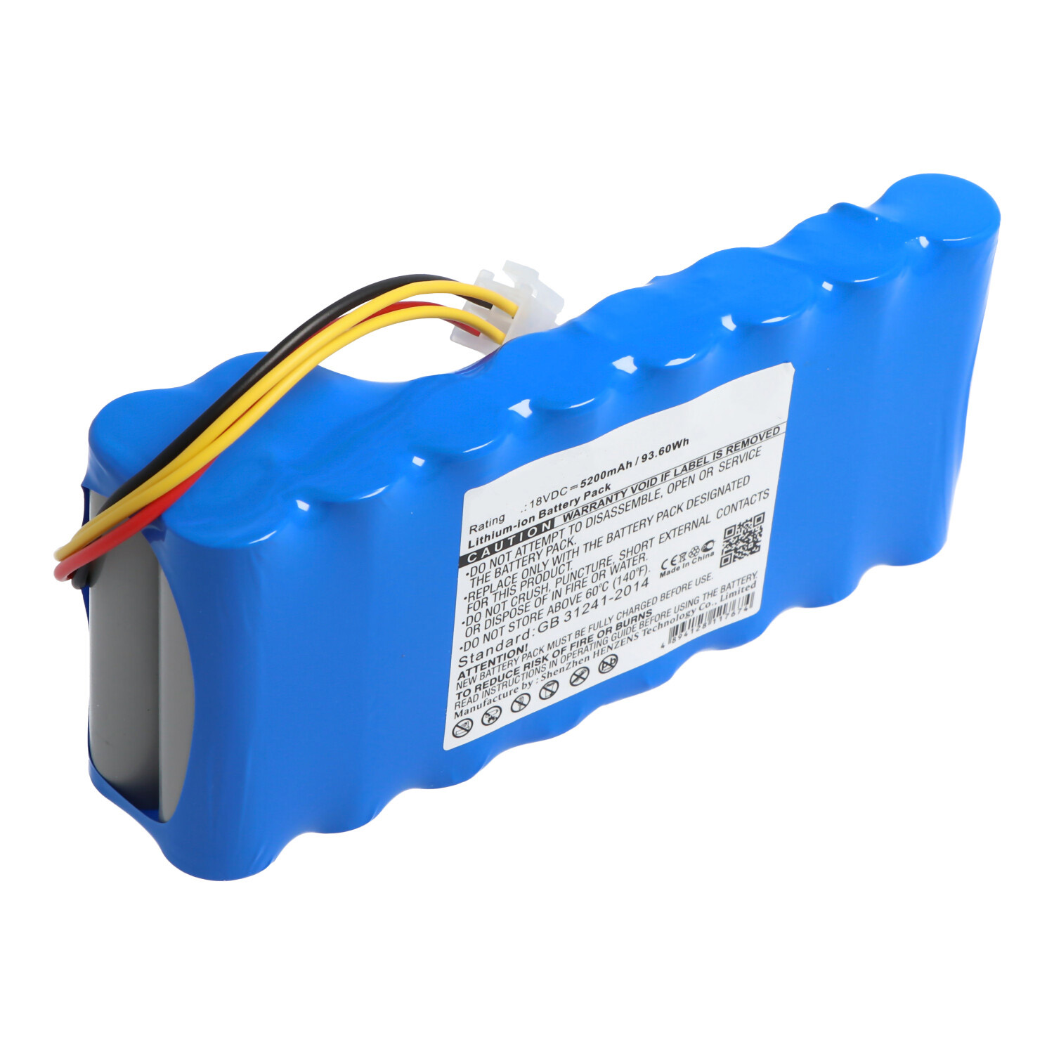 Blaue Batterie mit Etiketten und Kabeln.