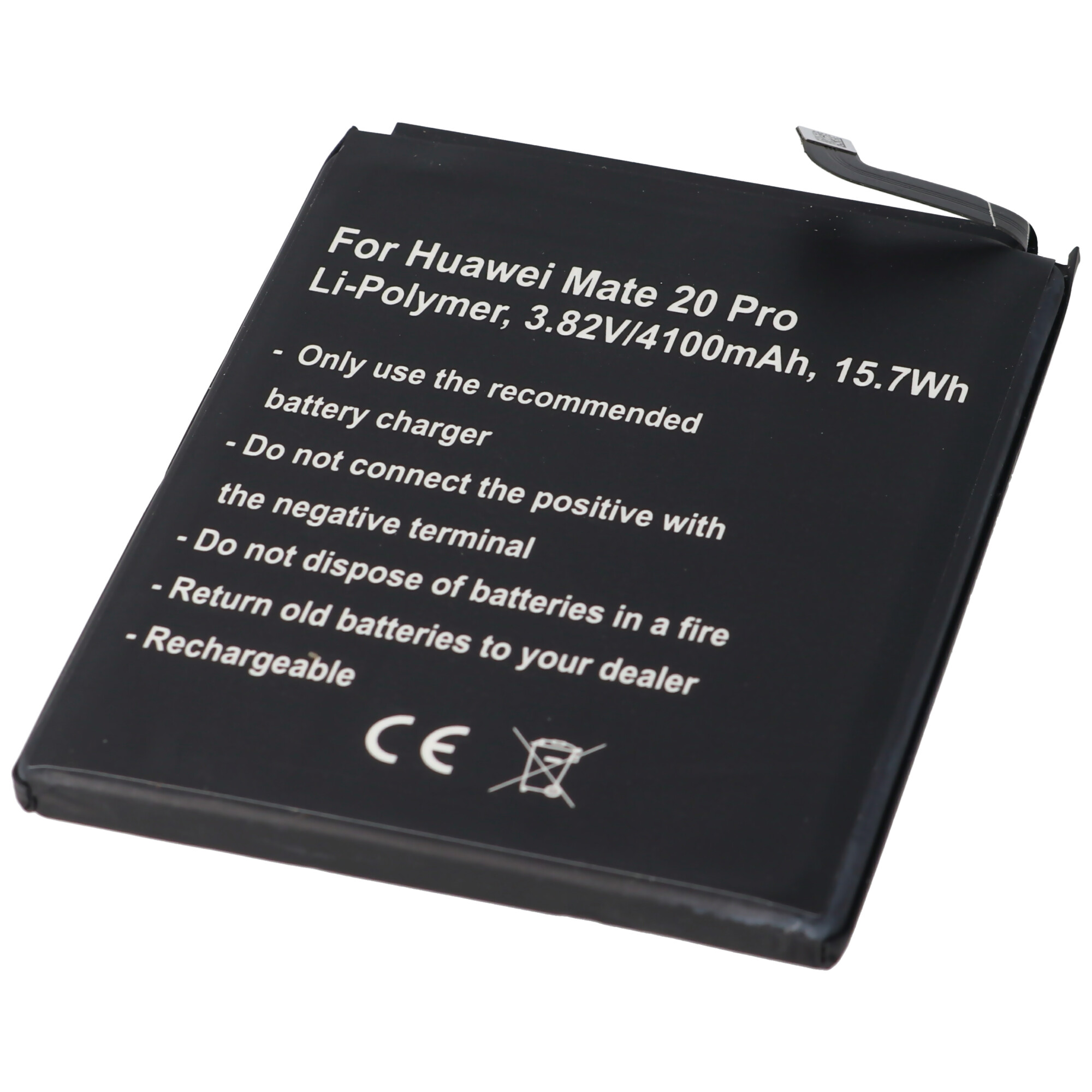 Ein schwarzer Telefonakku mit Text: Für Huawei Mate 20 Pro, Li-Polymer, 3,82V/4100mAh, 15,7Wh.