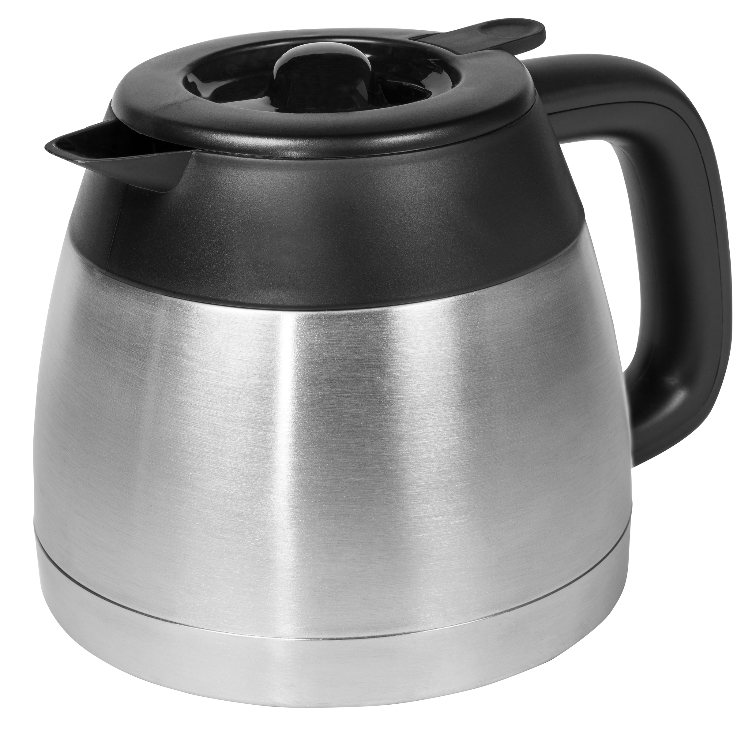 Silber-schwarze Kaffeekanne mit Griff auf weißem Hintergrund.