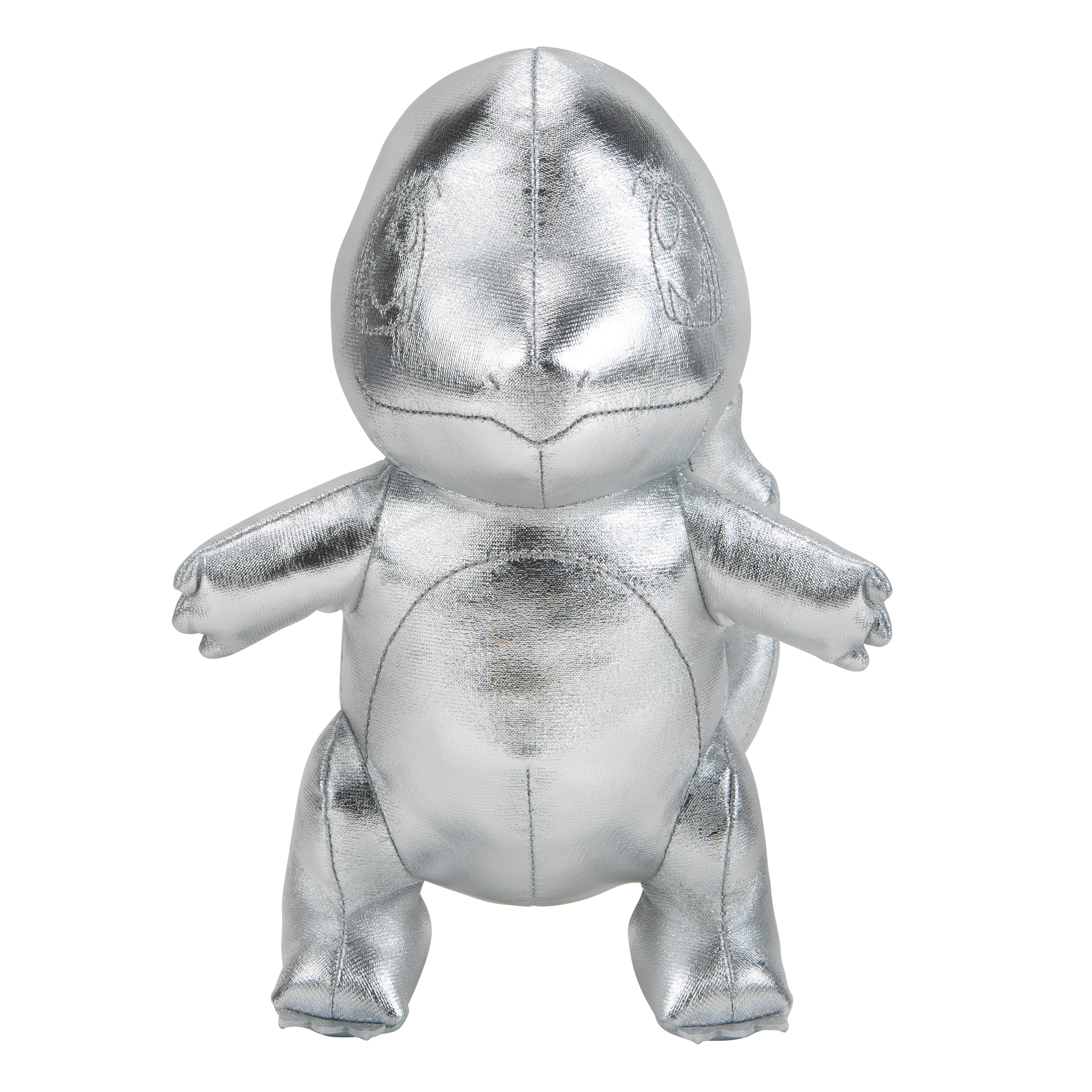 Ein silbernes Squirtle-Plüschtier. Es steht mit ausgestreckten Armen da und ist glänzend und reflektierend.