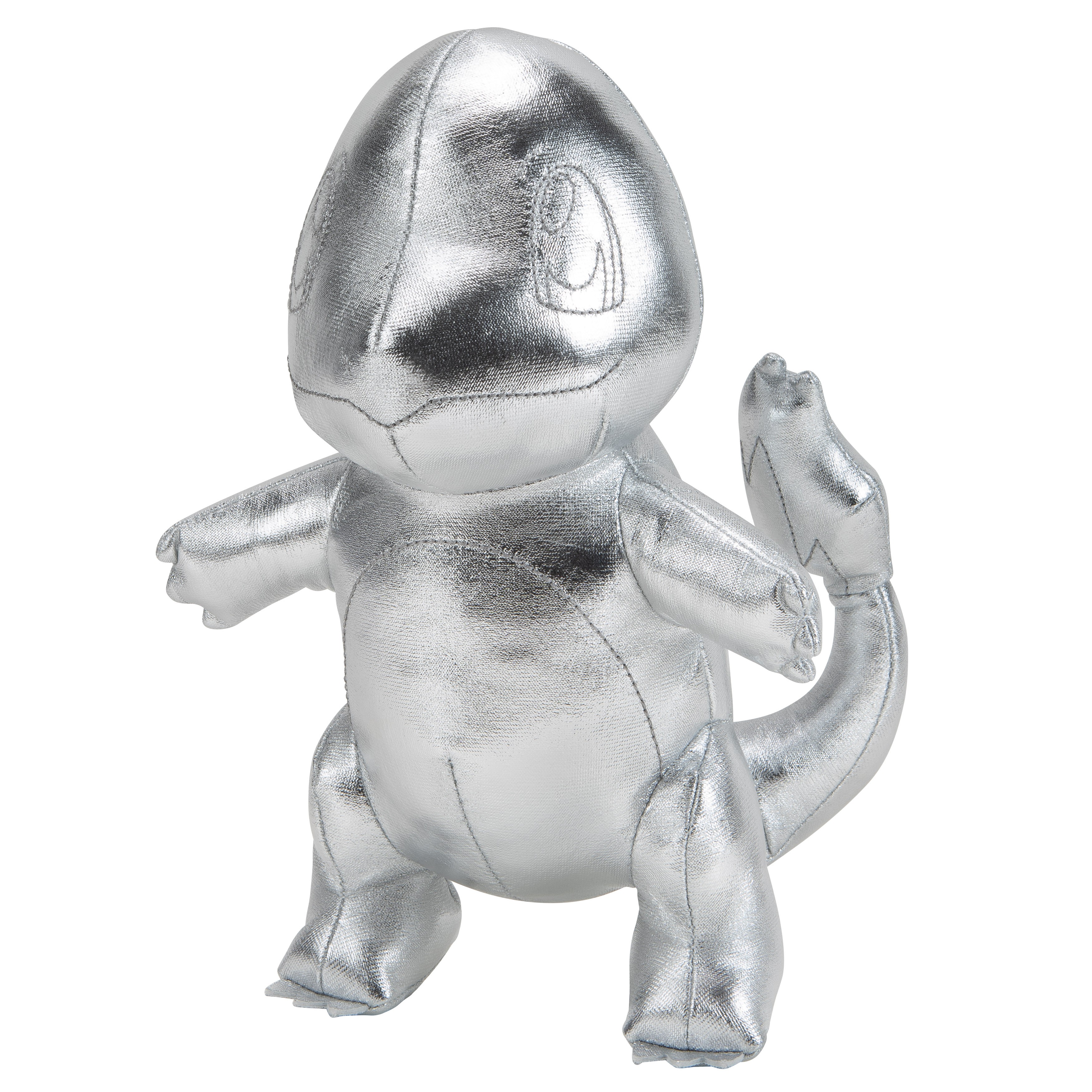 Silbernes Charmander-Plüschtier. Weißer Hintergrund.