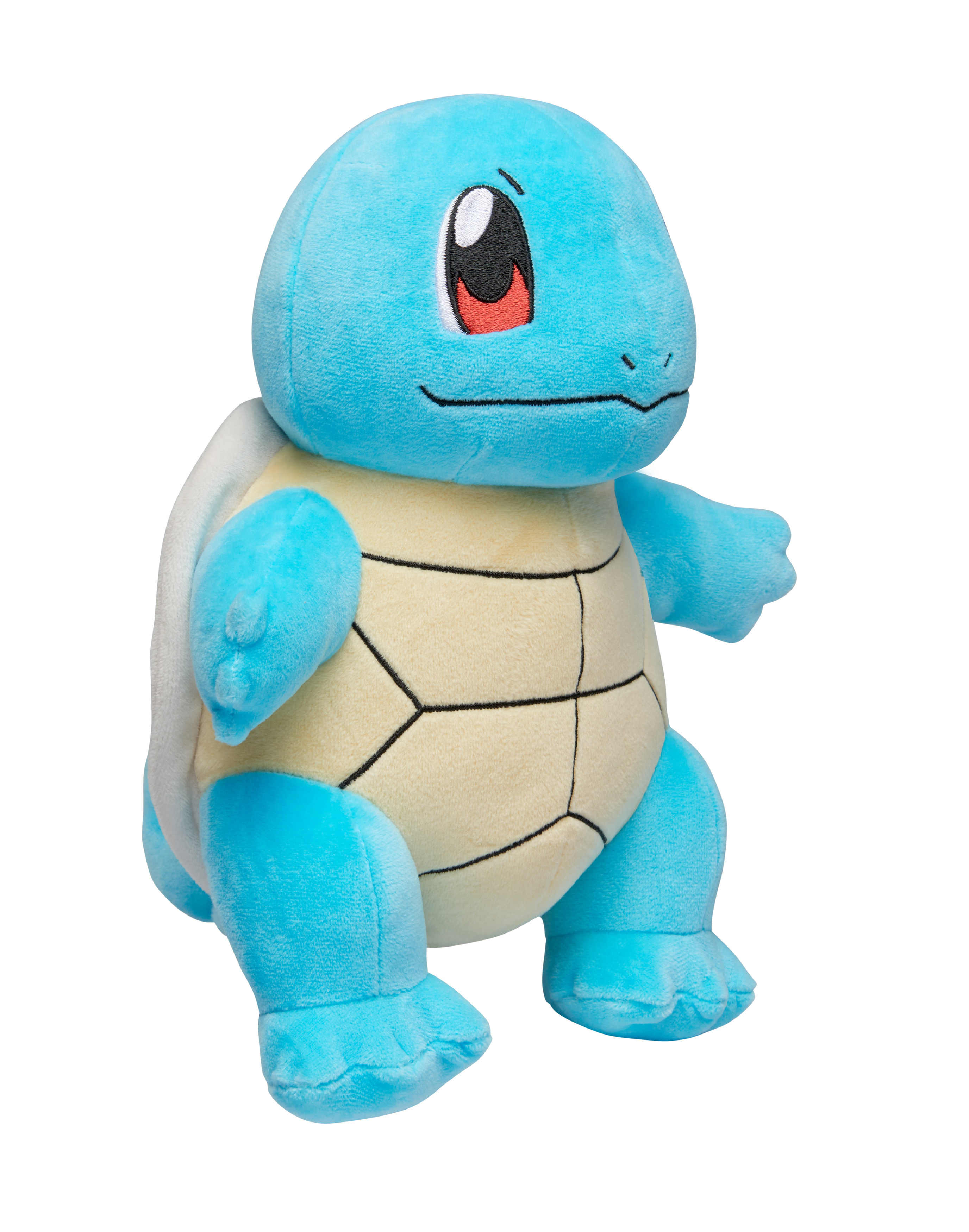 Ein blaues Squirtle-Plüschtier, ein Pokémon-Charakter, auf weißem Hintergrund. Es hat einen weißen Panzer.