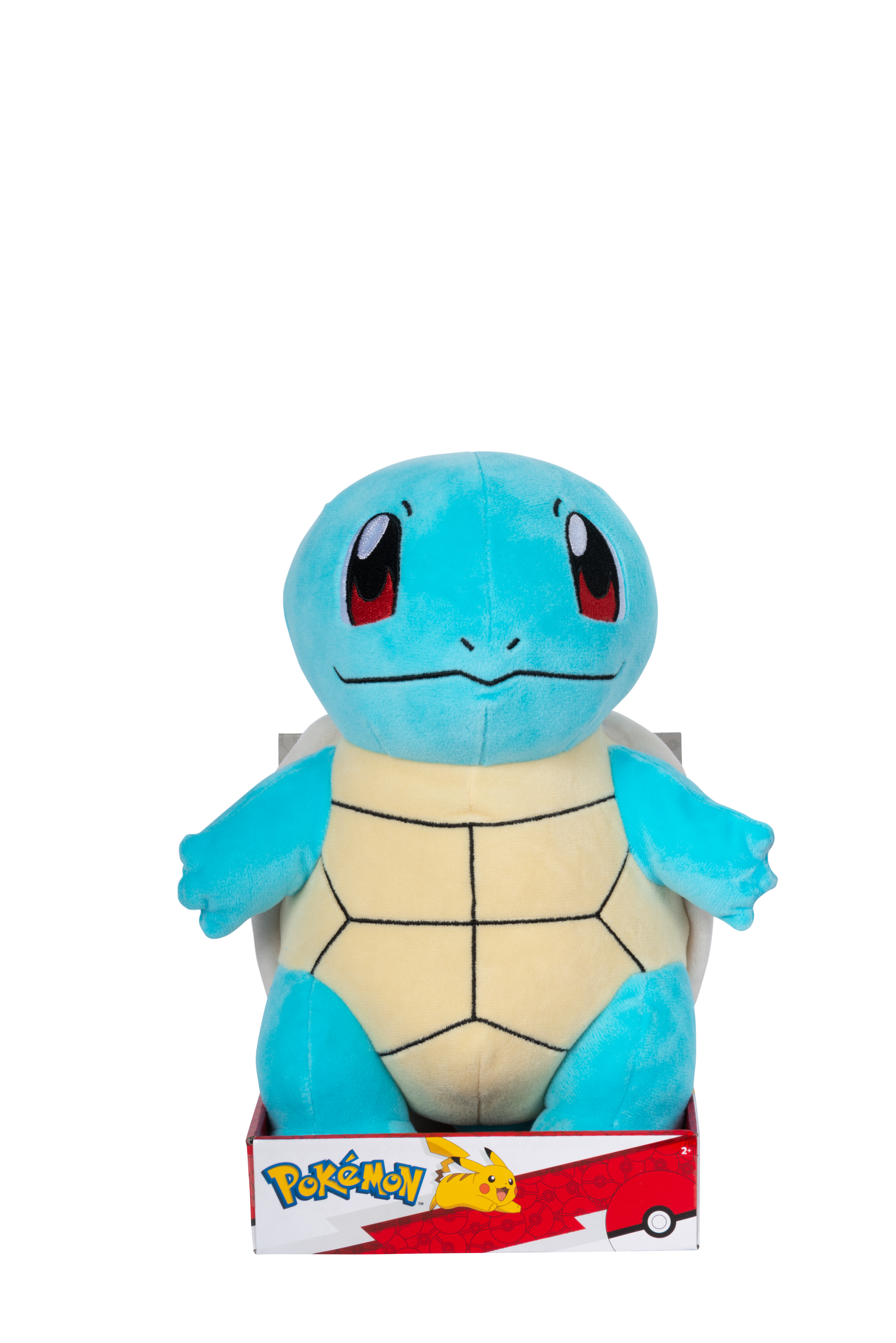 Ein Squirtle-Plüschtier in einer Box. Es ist blau, hat einen hellen Bauch und rote Wangen. Die Box hat Pokémon-Logos.