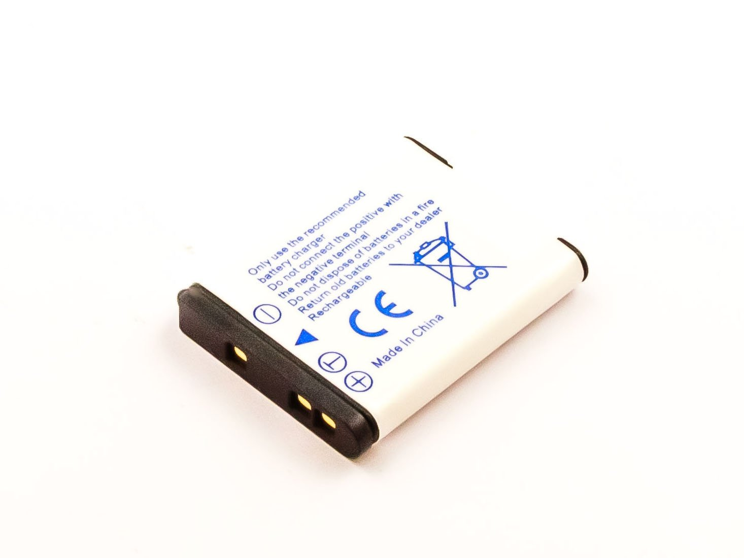 Weiße Batterie mit Text und Symbolen. Enthält ein CE-Zeichen und einen Aufkleber 'Made in China'.