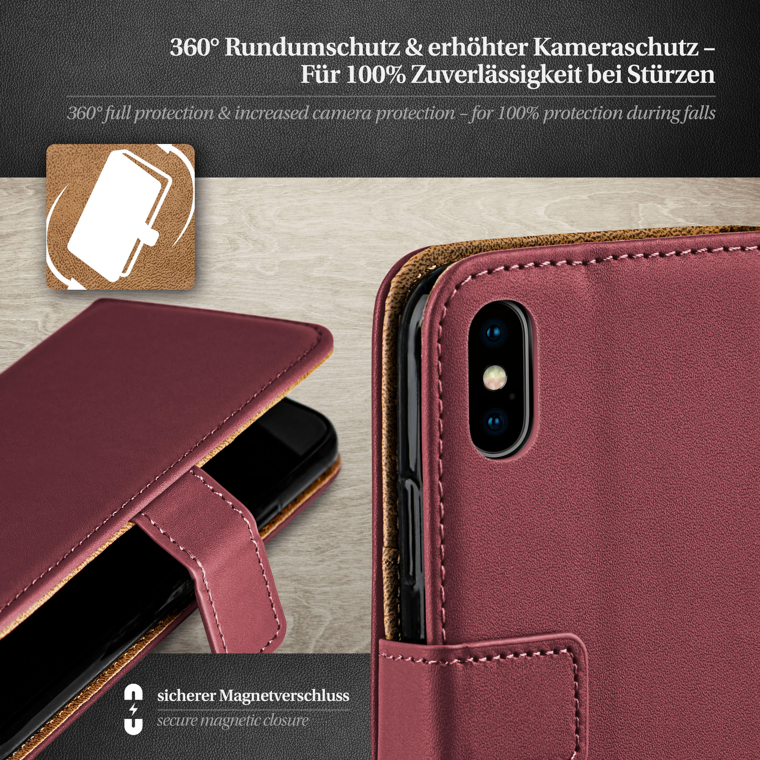 Eine weinrote Handyhülle mit Telefon, daneben eine Nahaufnahme des Covers und Text.
