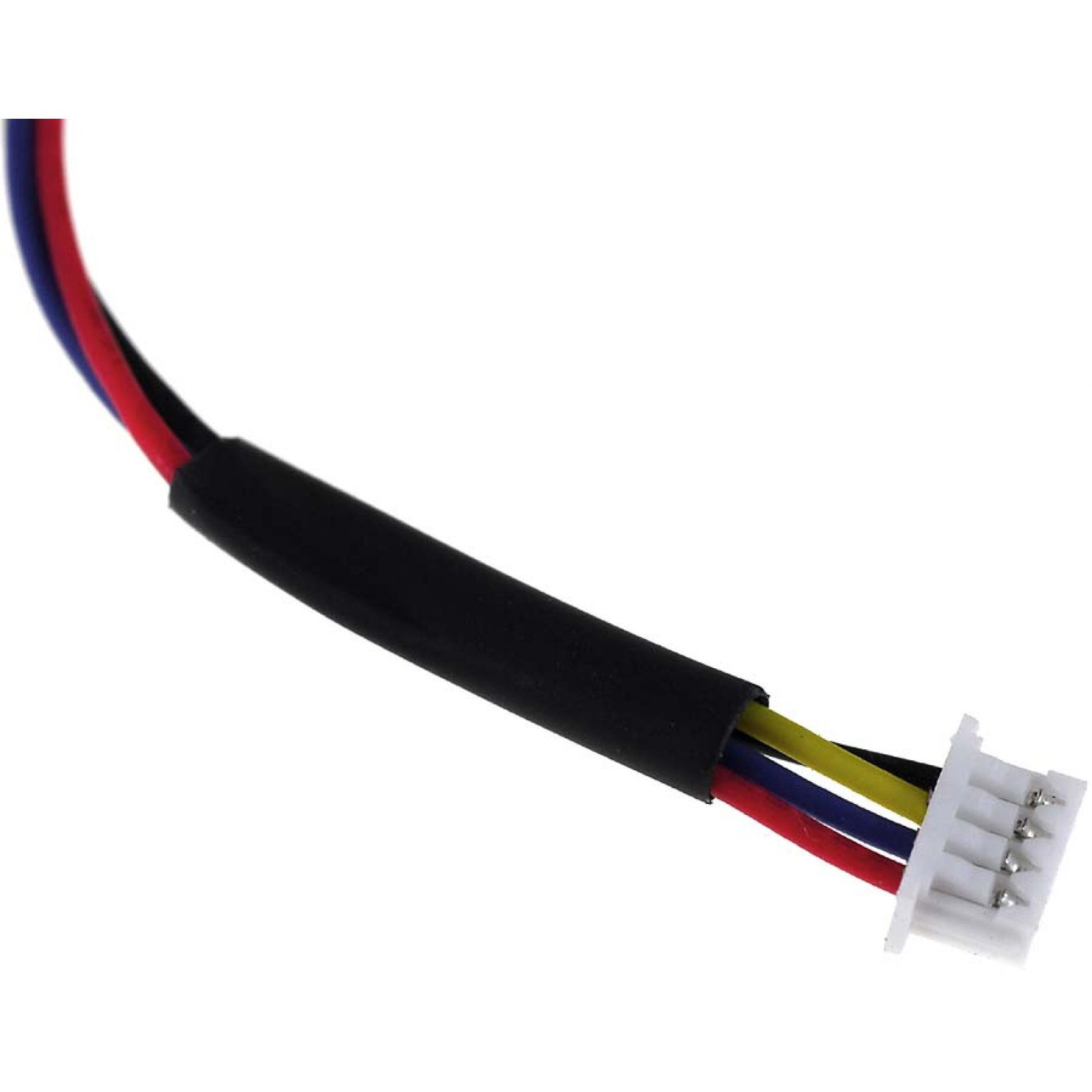 Primer plano de cables multicolores conectados a un conector blanco. Cables rojo, azul, amarillo y negro.