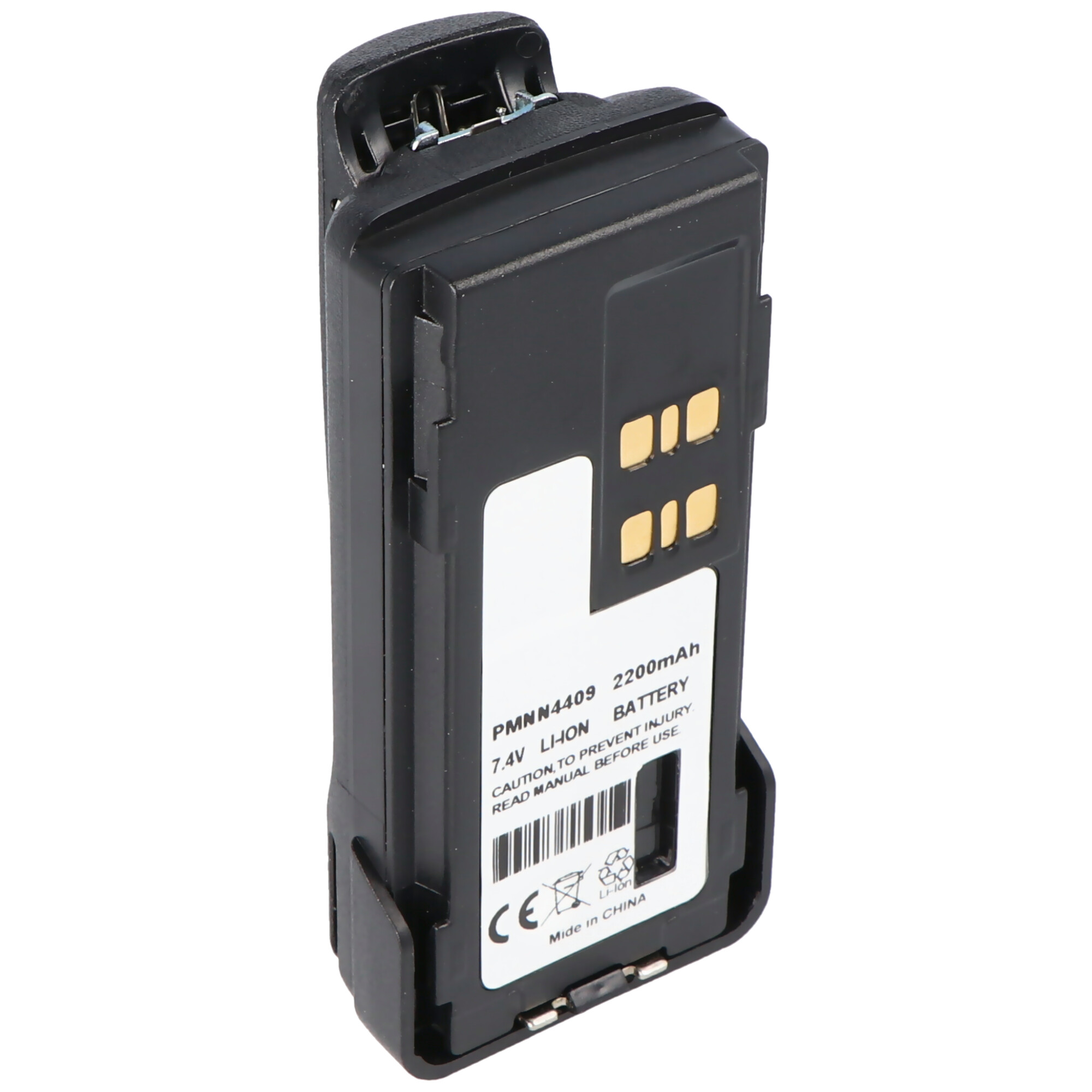 Zwarte batterij. Tekst luidt 'PMNN4409 BATTERIJ'. Wit label en een barcode.