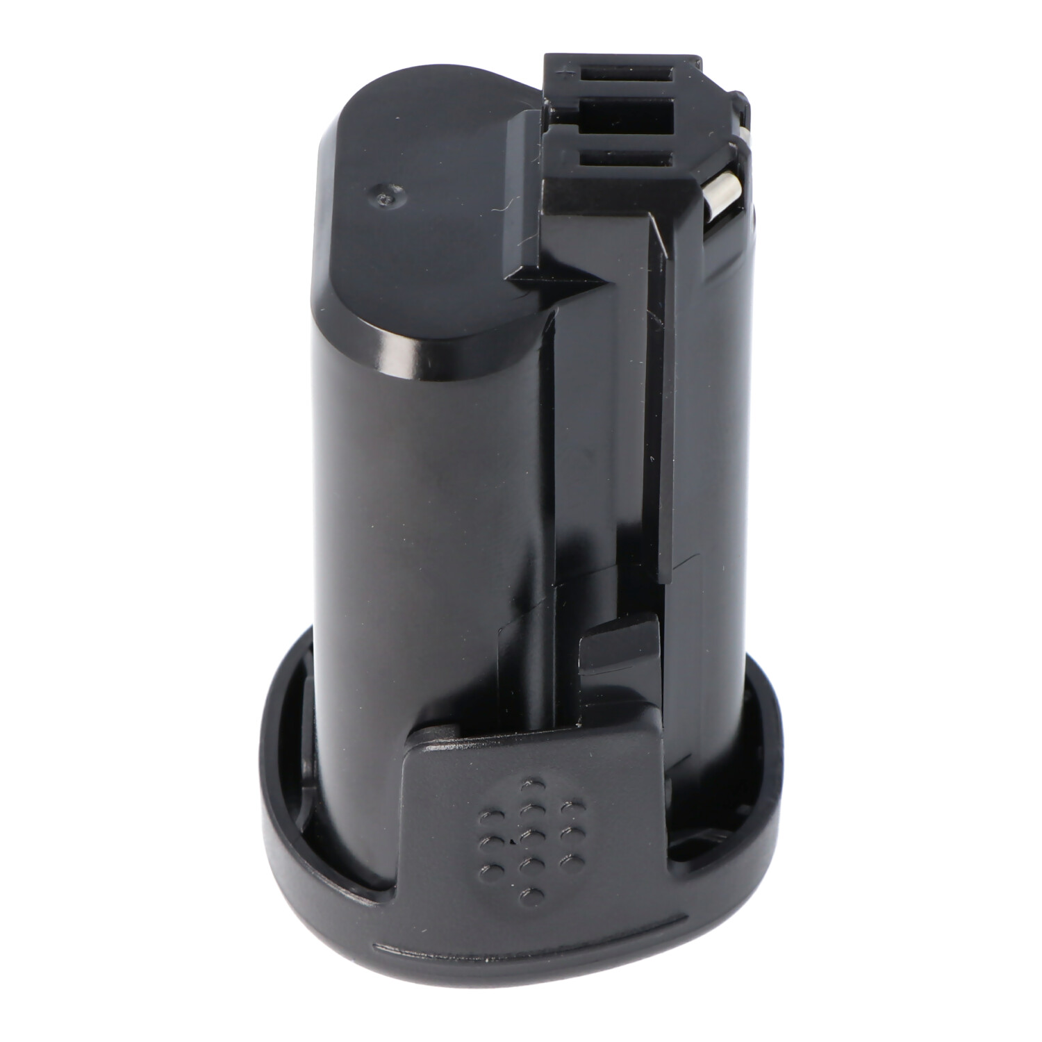 Schwarze, zylindrische Batterie mit Griff und Anschluss.
