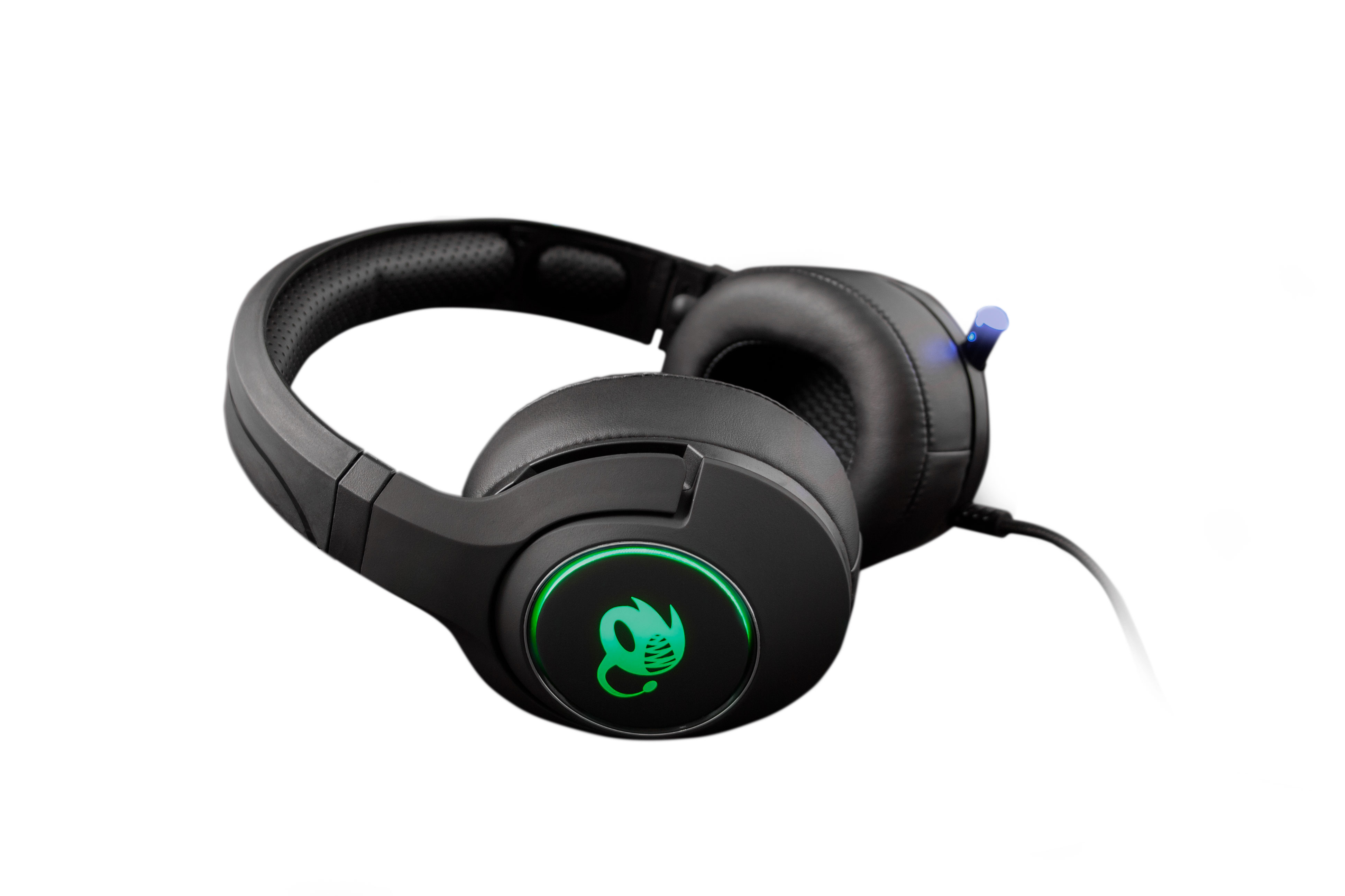 Czarne słuchawki dla graczy, z zielonym logo, na białym tle.