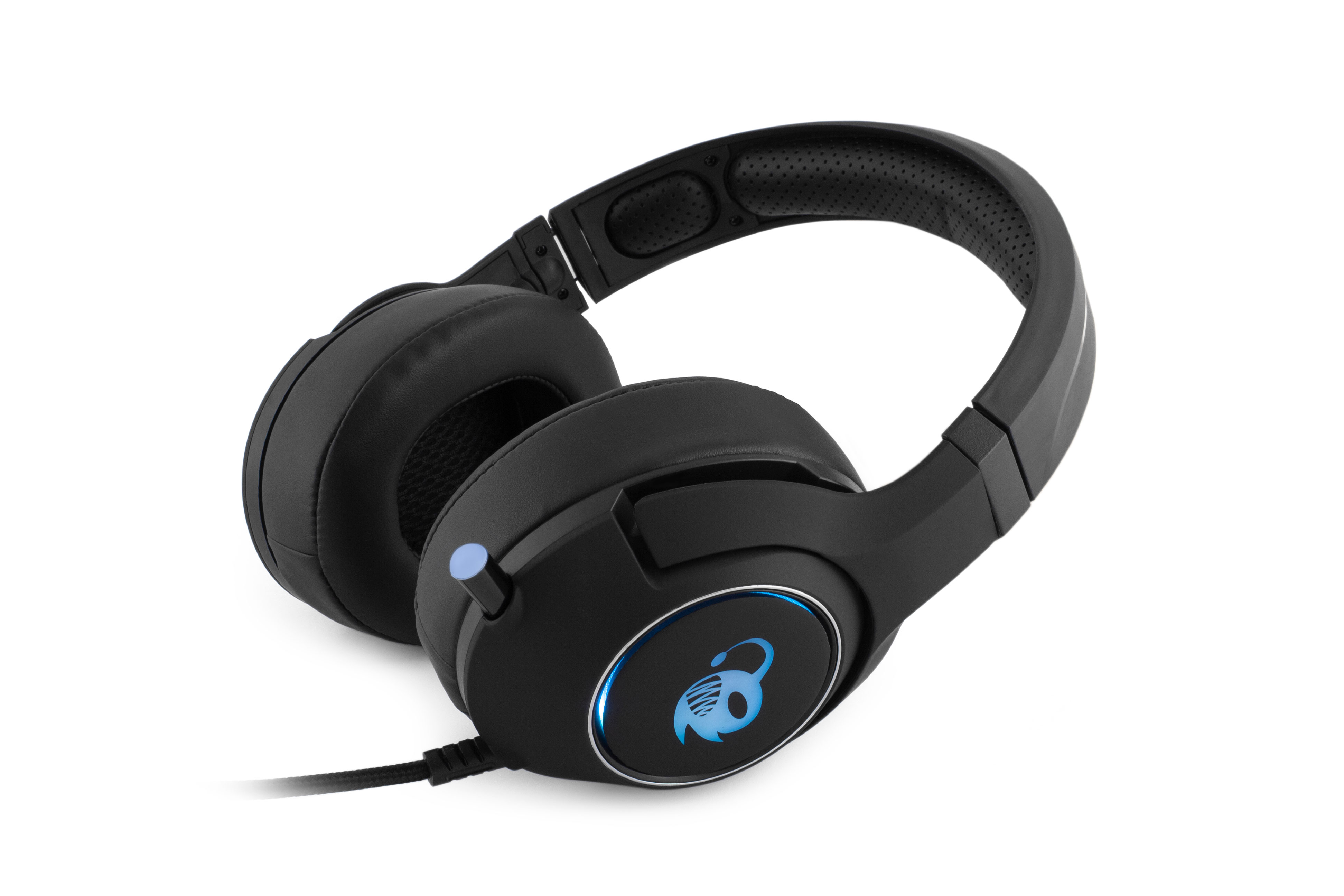 Czarne słuchawki nauszne z niebieskim logo na nauszniku.