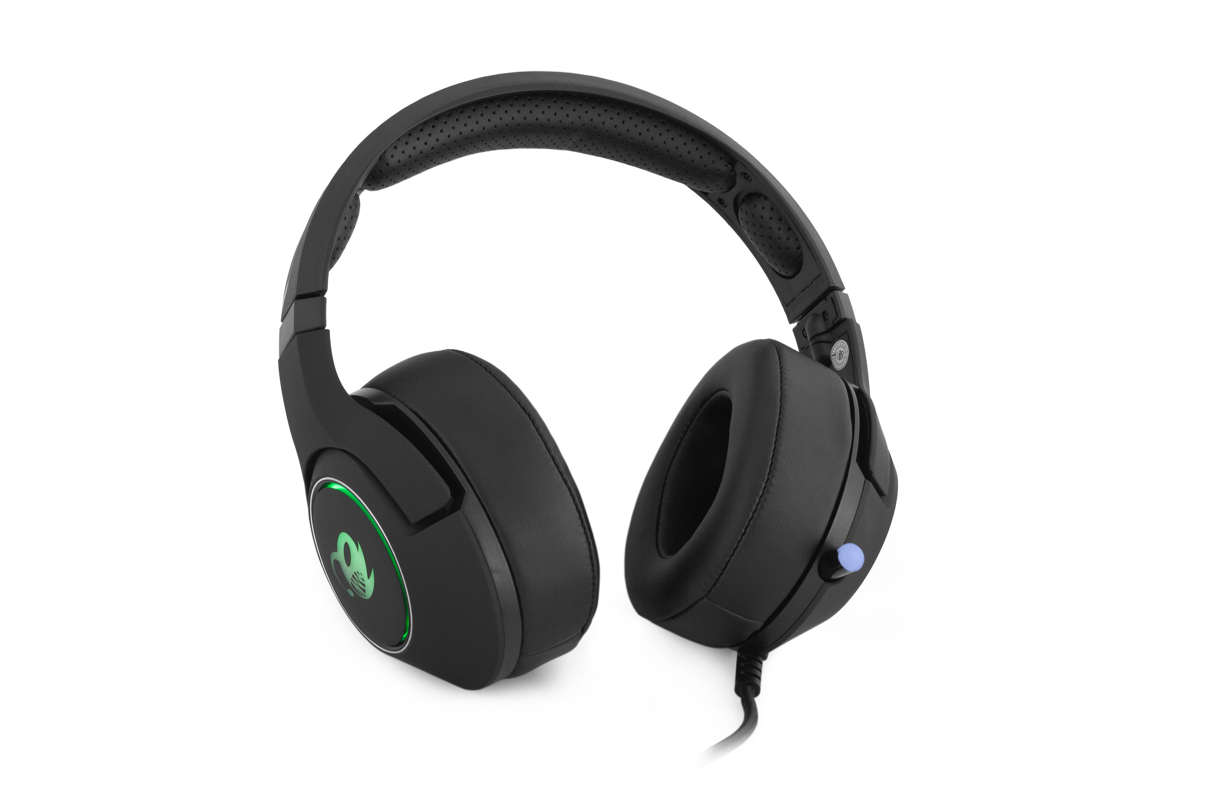 Czarne słuchawki dla graczy na białym tle. Widoczne nauszniki, pałąk i logo.