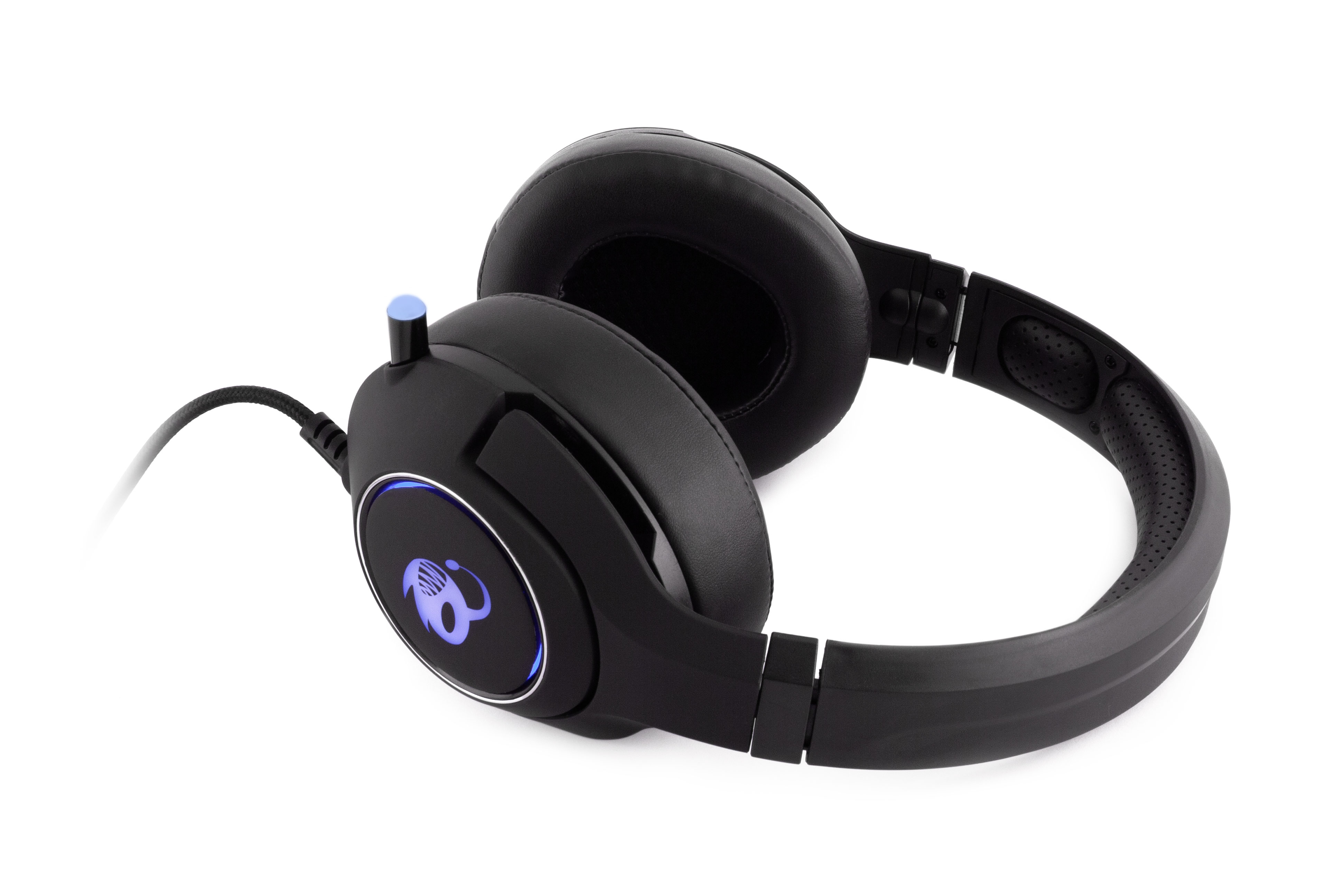 Czarne słuchawki nauszne. Szczegóły nauszników i pałąka.