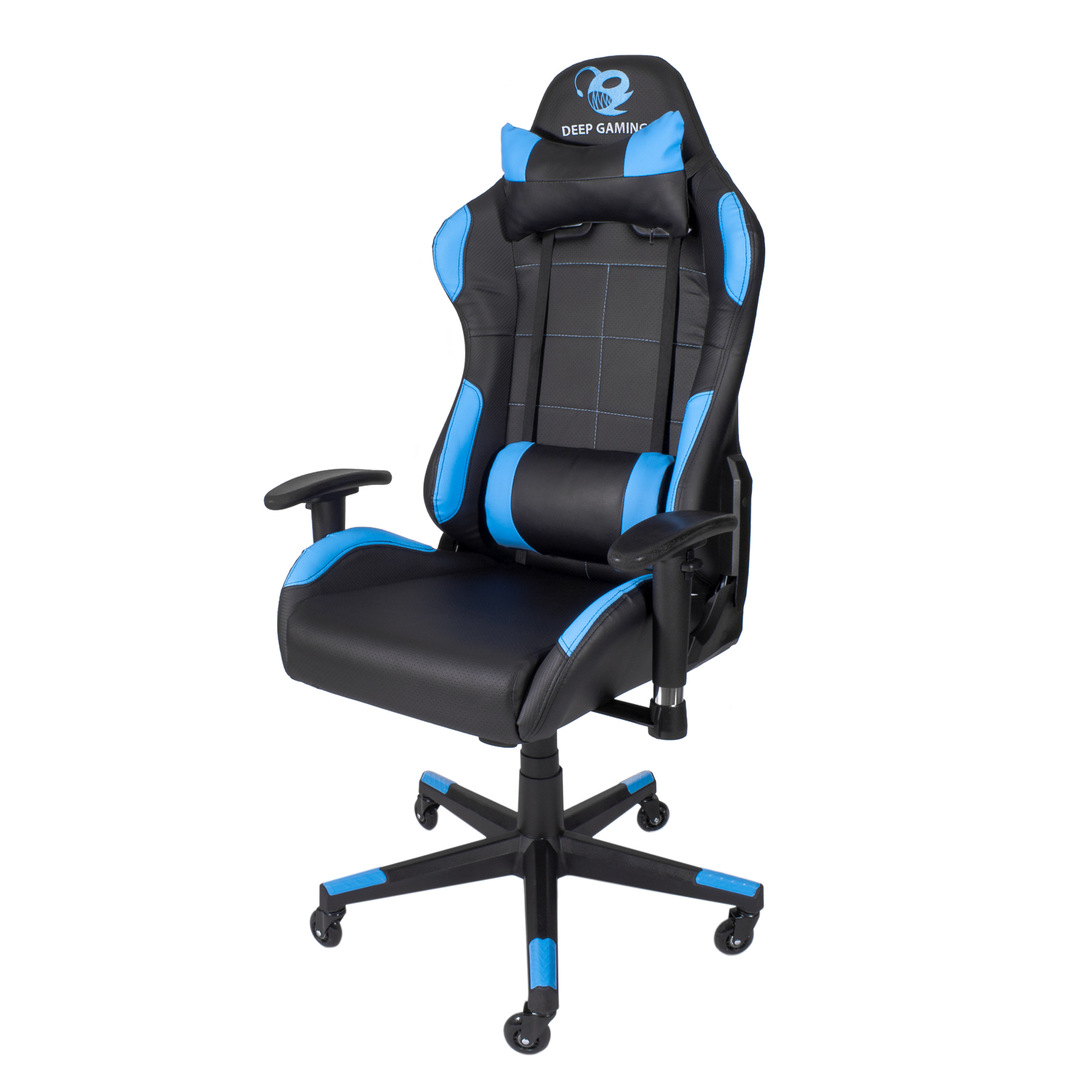 Una silla de juego negra y azul con un logotipo de juego profundo, sobre un fondo blanco.