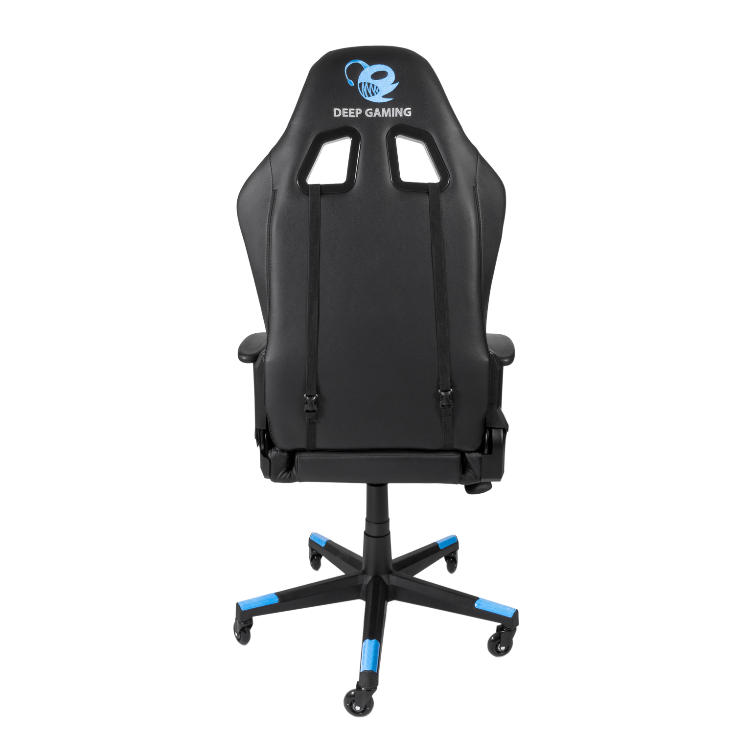 Silla gaming negra con detalles azules. Vista trasera, mostrando respaldo y ruedas.