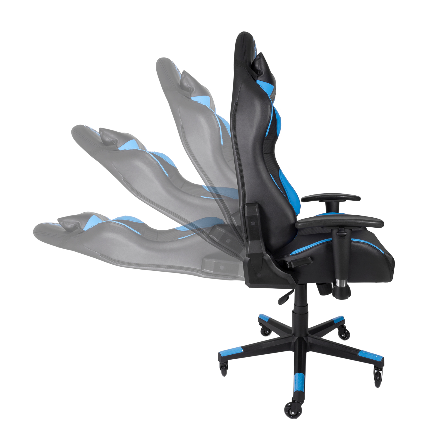 Silla gamer, negro y azul, con posiciones cambiantes, sobre fondo blanco.