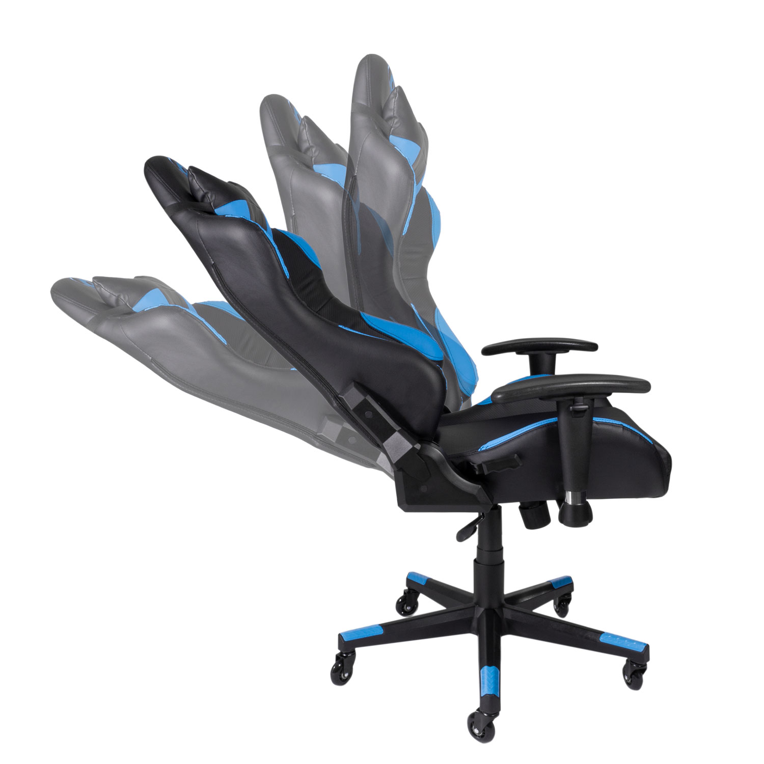 Silla gaming en negro y azul, inclinada en diferentes ángulos, mostrando las capacidades de ajuste.