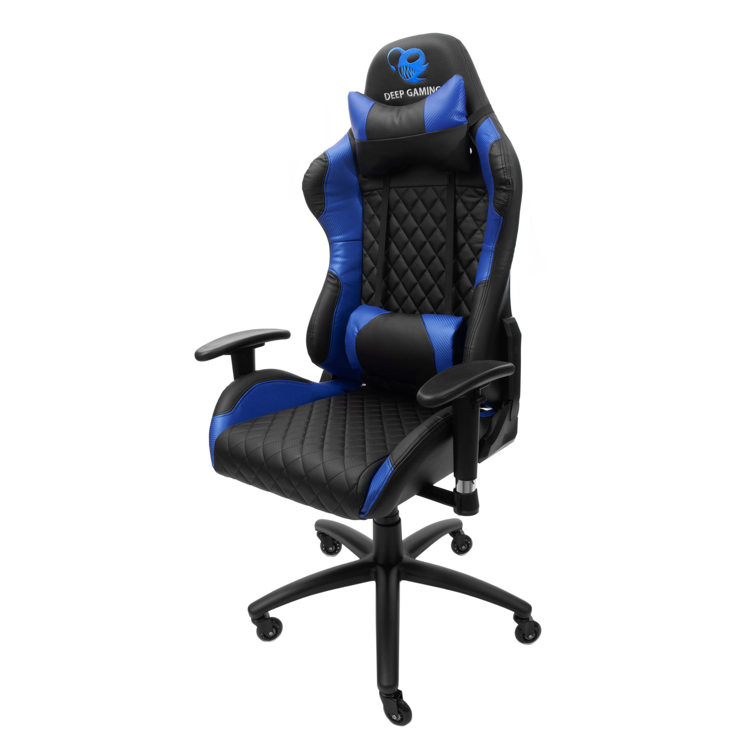Una silla gaming negra y azul con el logo de deep gaming.