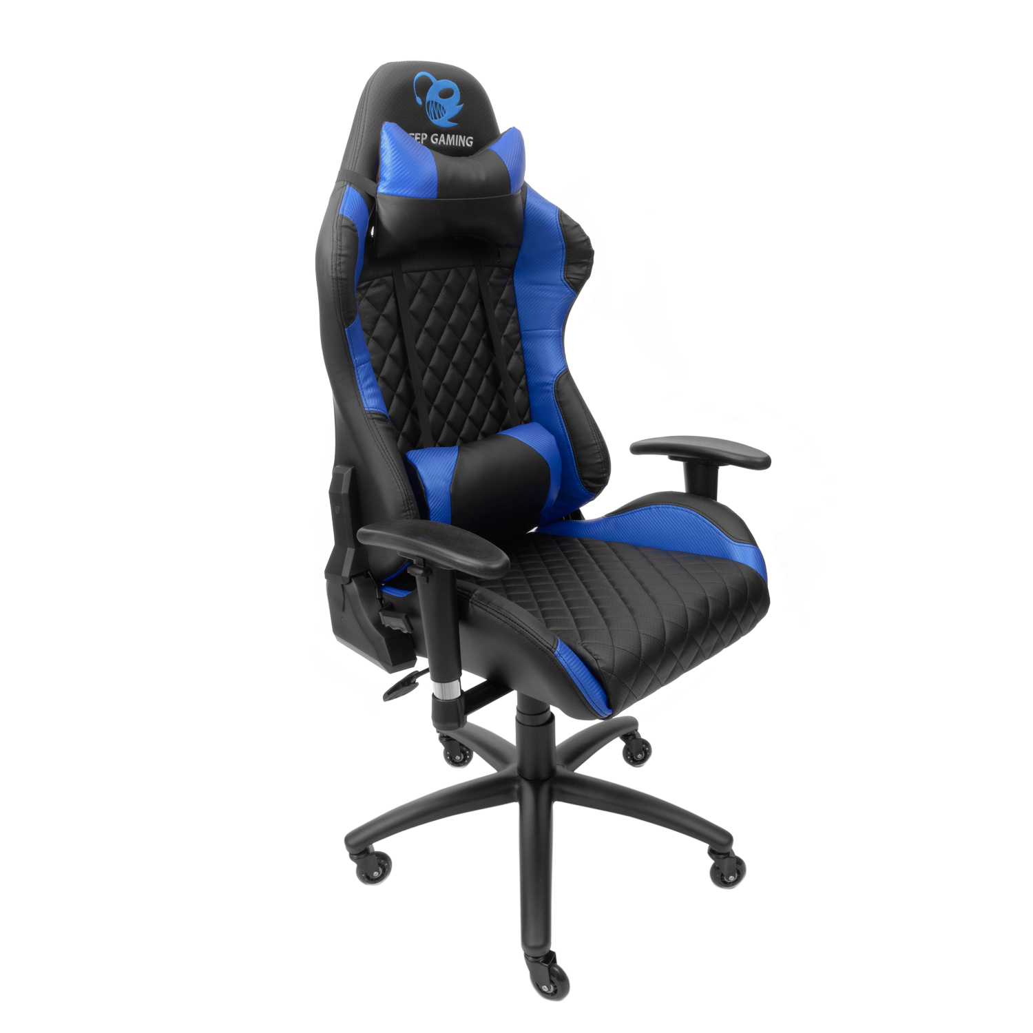 Una silla gamer negra y azul con reposacabezas y soporte lumbar.