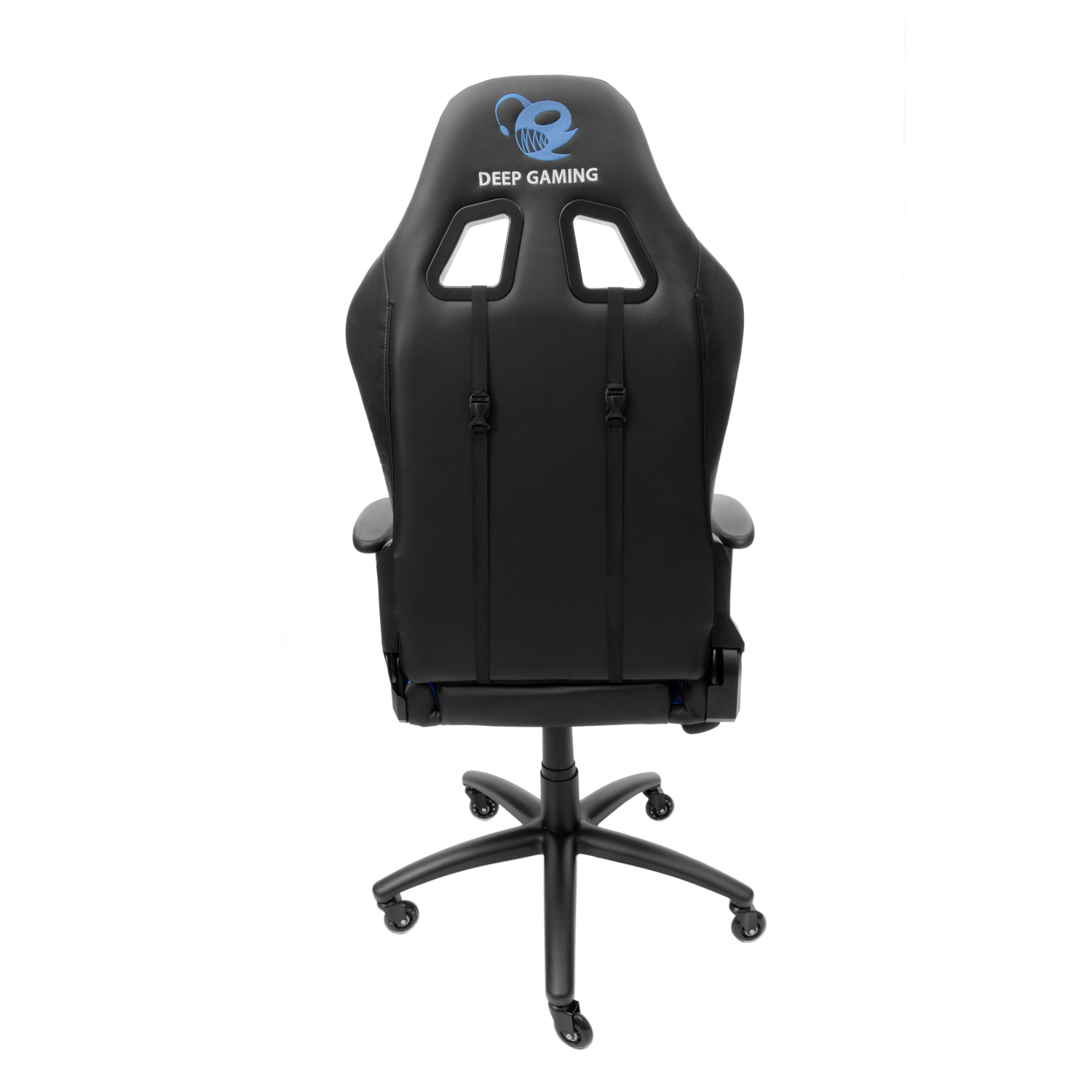 Silla gaming negra, vista trasera. Texto: DEEP GAMING. Silla con soporte lumbar.