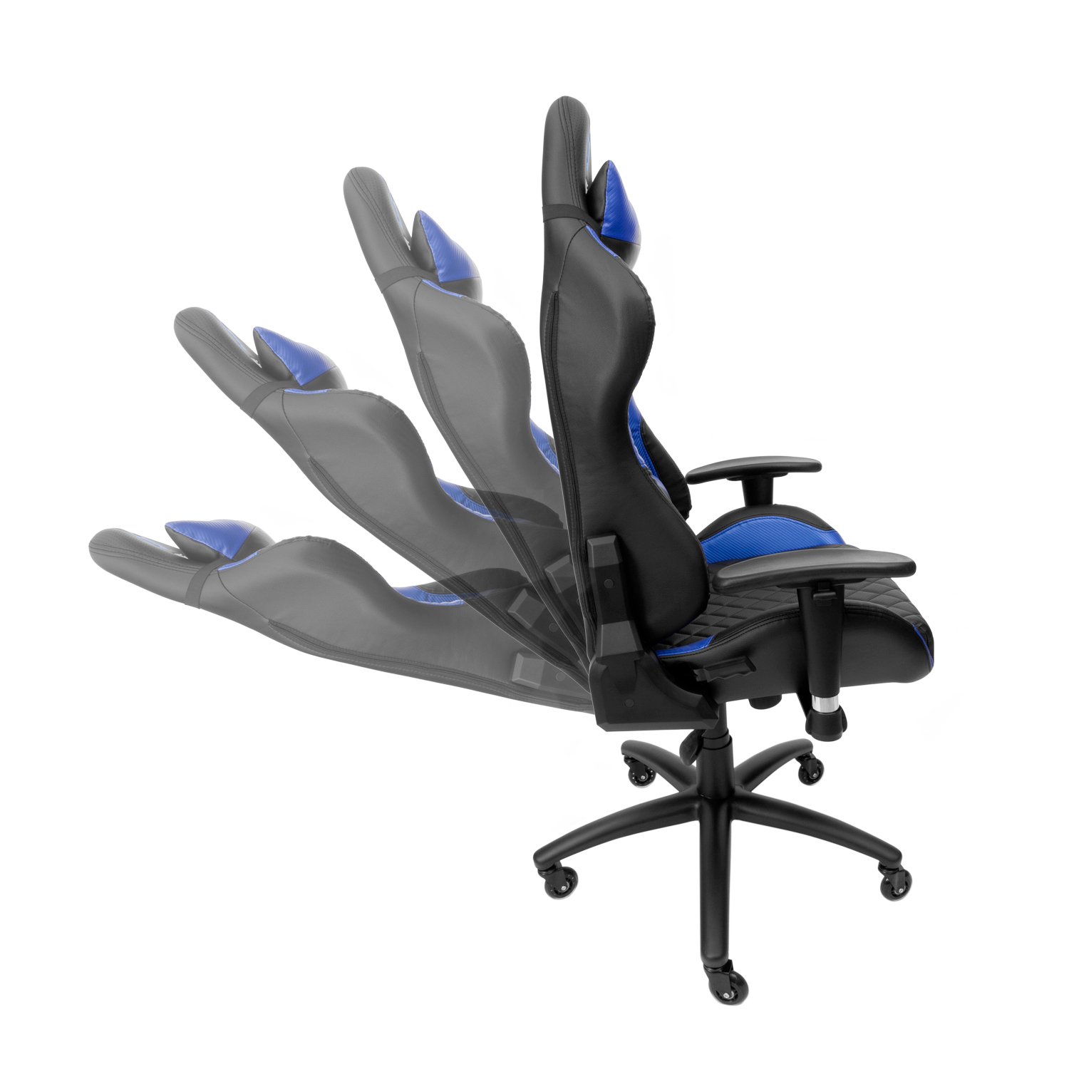 Silla gaming mostrando posiciones de inclinación. Diseño en negro y azul. Ruedas y base de cinco puntas.