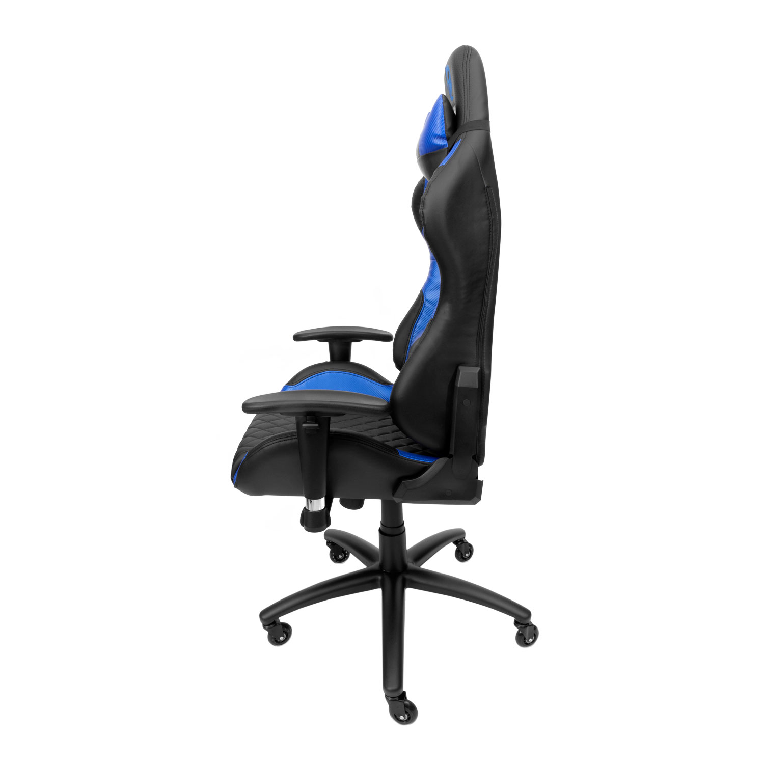 Silla gaming negra y azul, vista lateral.