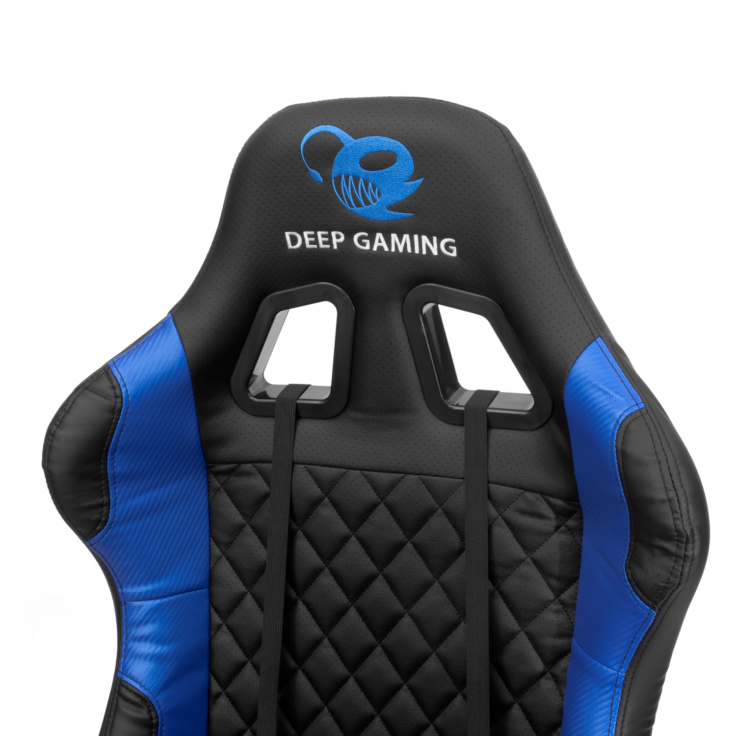 Silla gaming, negro con detalles azules. La parte trasera tiene las palabras DEEP GAMING.