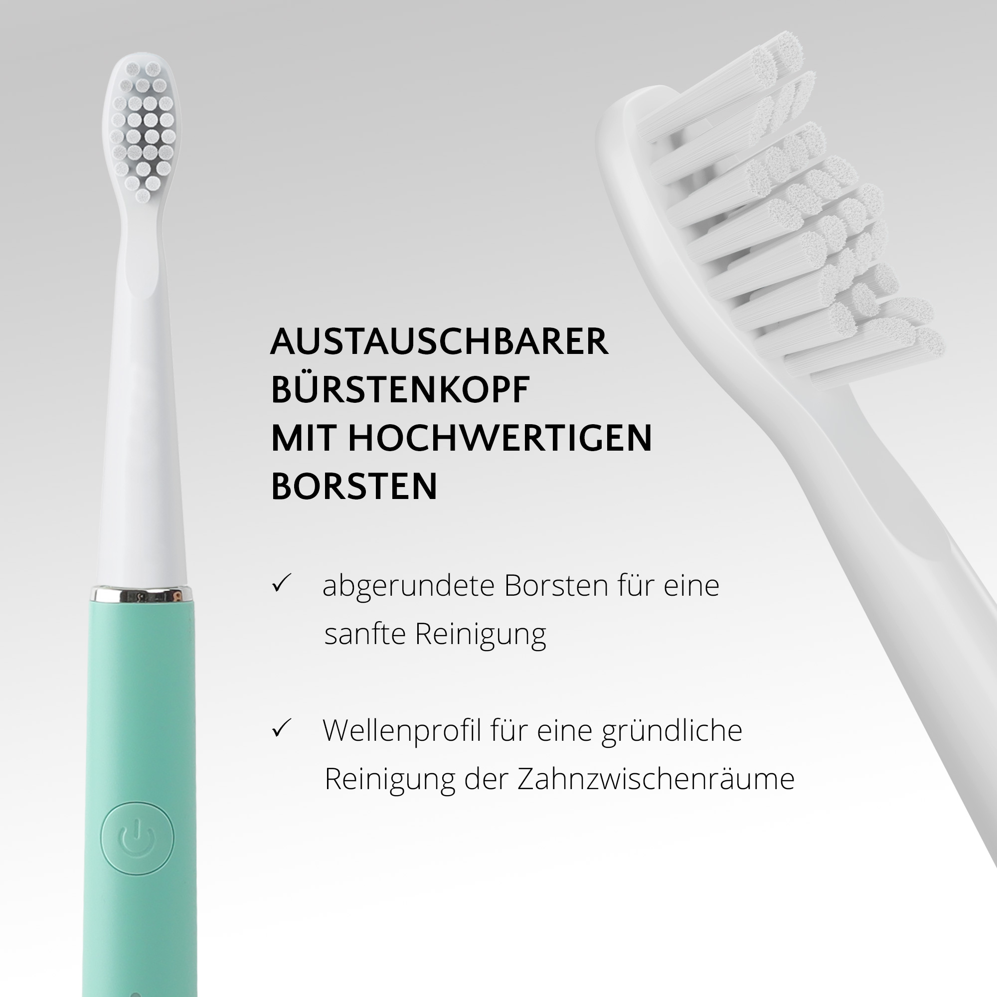 Dos cepillos de dientes eléctricos, uno con mango turquesa, el otro con mango blanco, y texto.