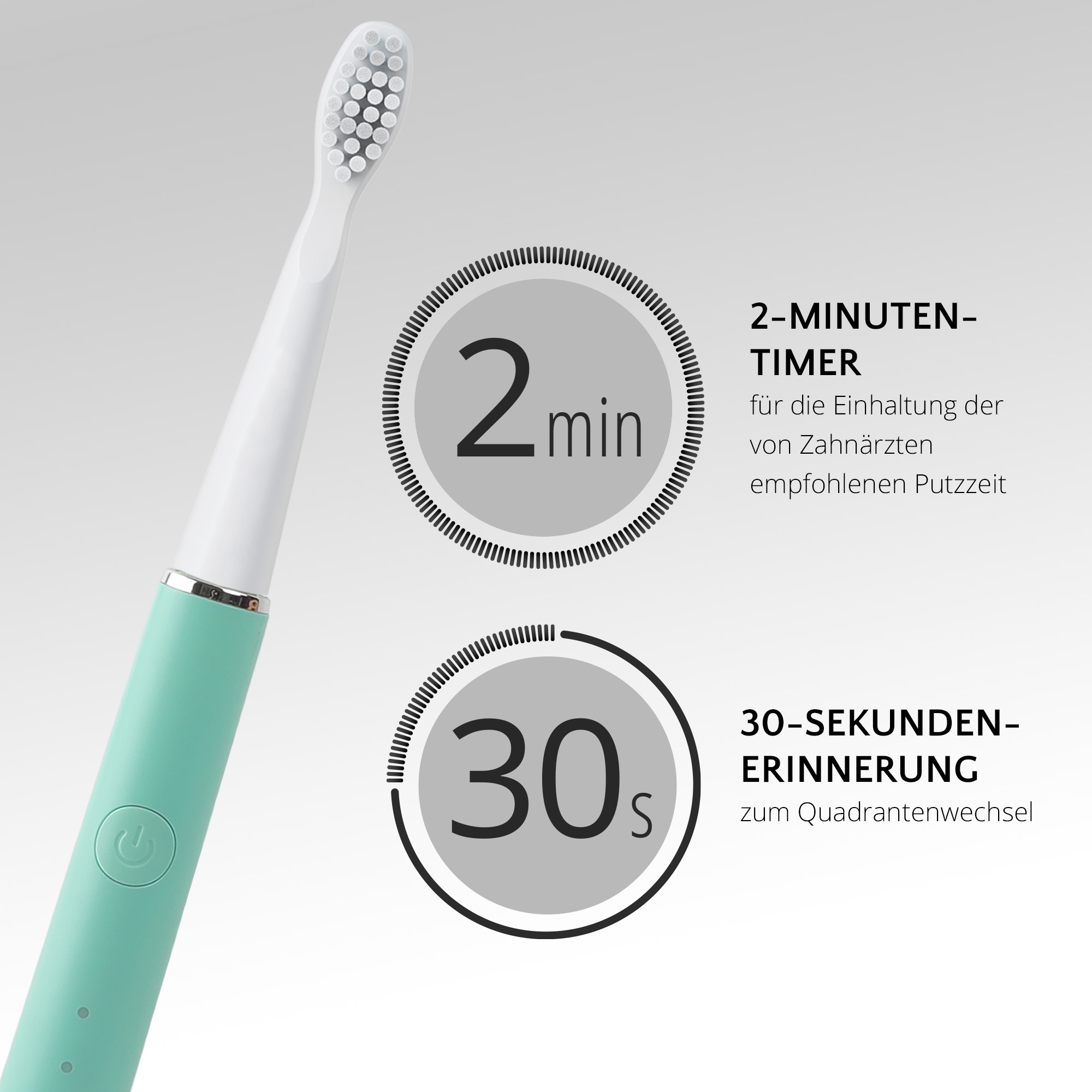 Cepillo de dientes con información del temporizador. Temporizador de 2 minutos, recordatorio de 30 segundos.