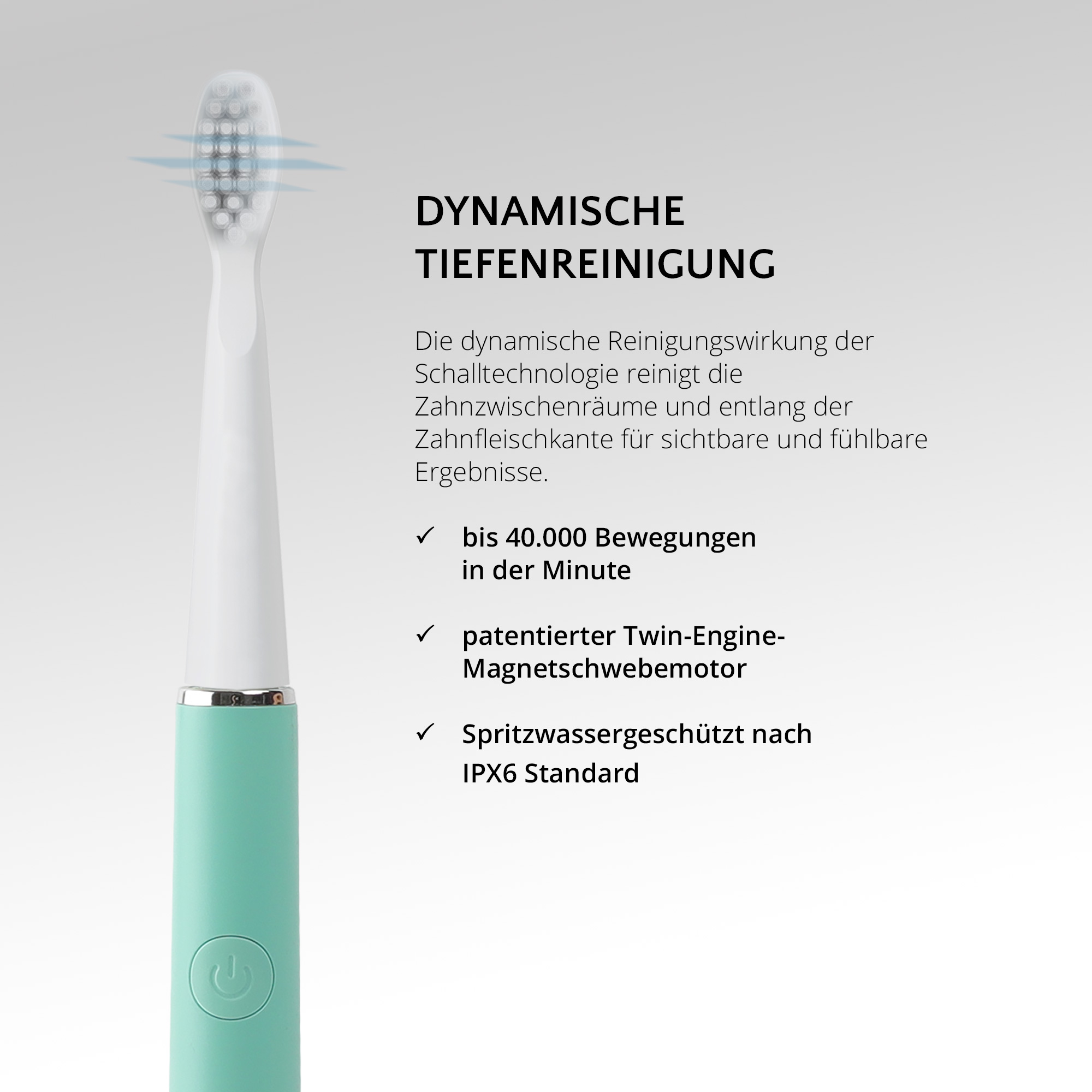 Cepillo de dientes turquesa con texto, funciones y marcas.