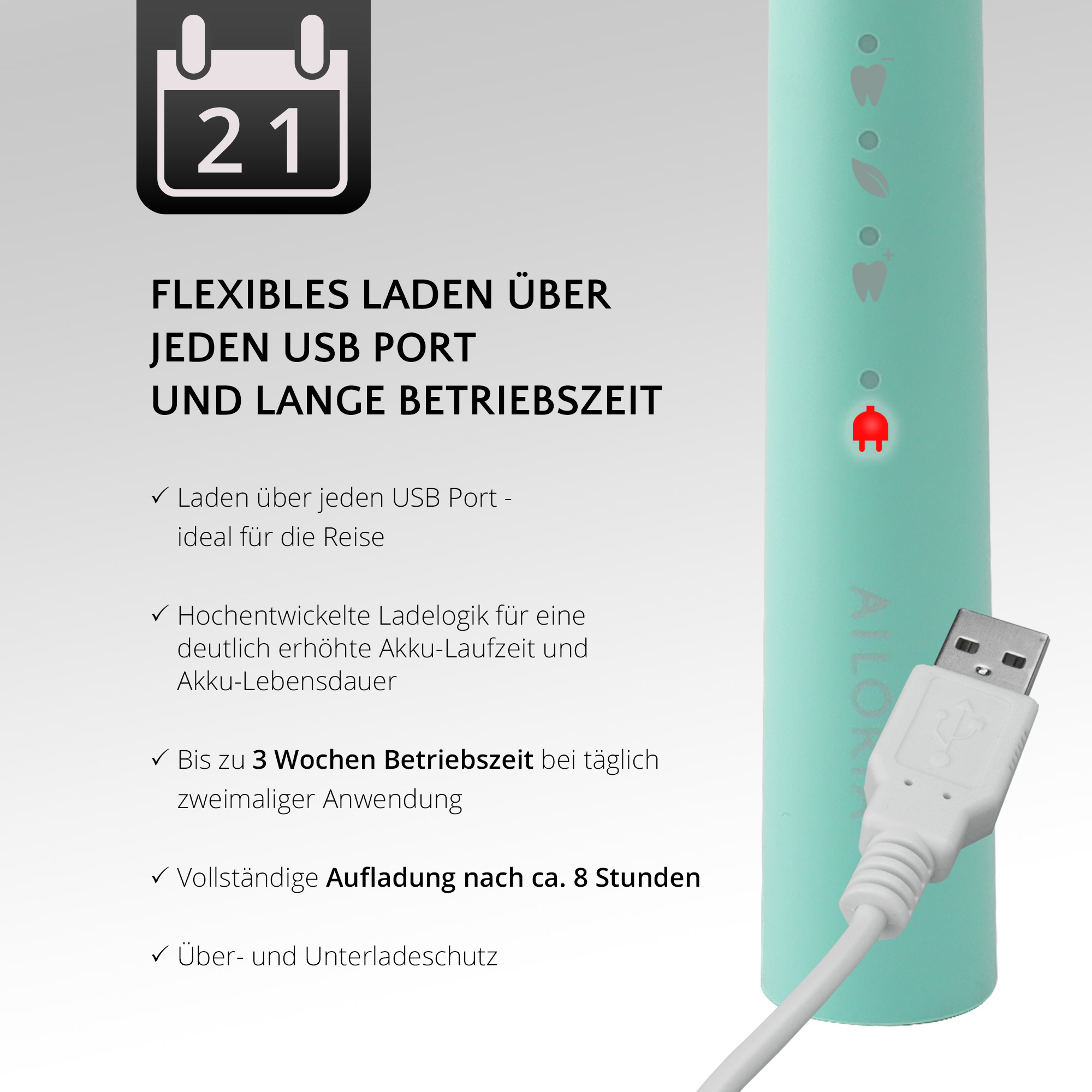 Primer plano de cepillo de dientes con cable USB y texto. Muestra 3 semanas de duración.