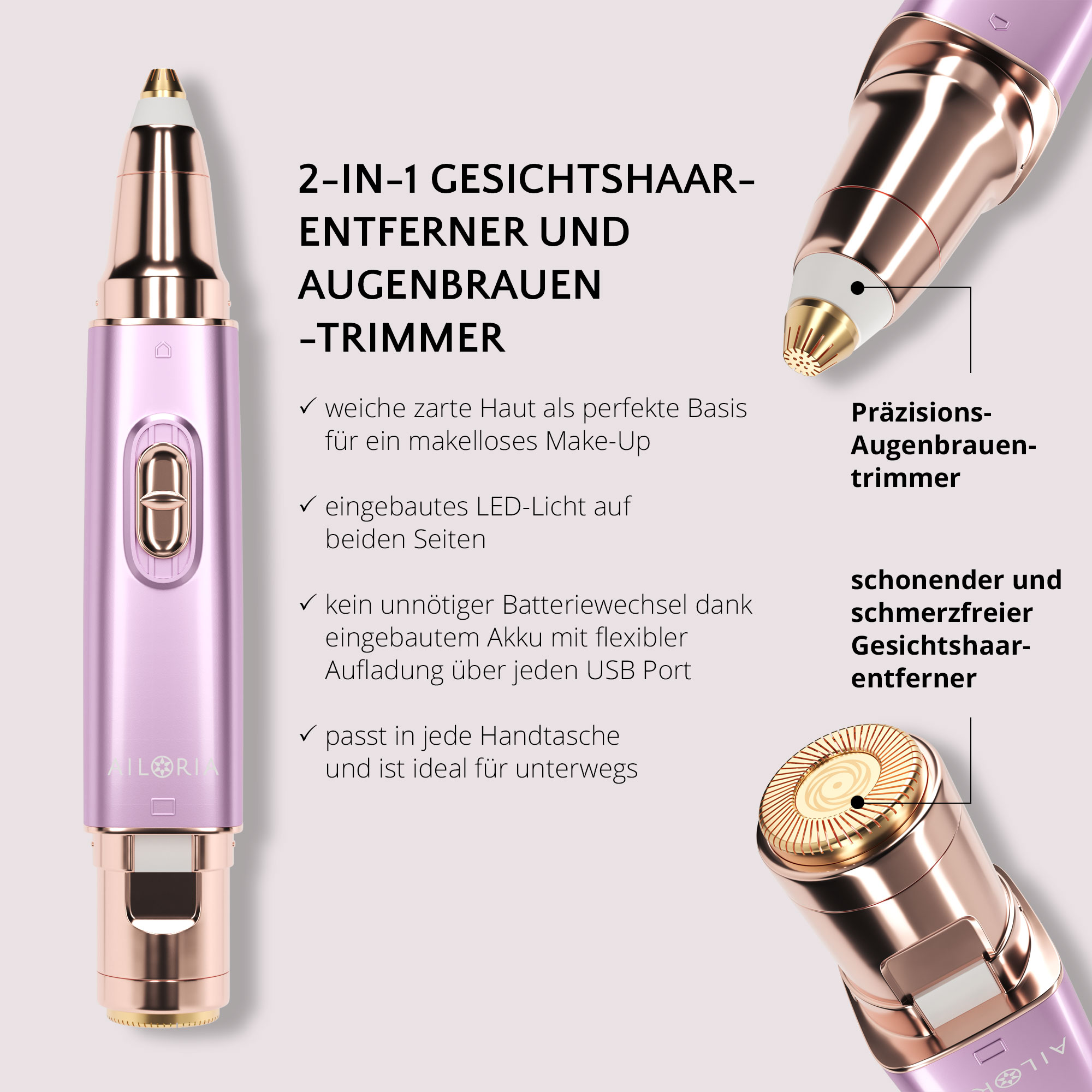 Epilatore viso 2-in-1 e rifinitore per sopracciglia. Include più viste ravvicinate del dispositivo.
