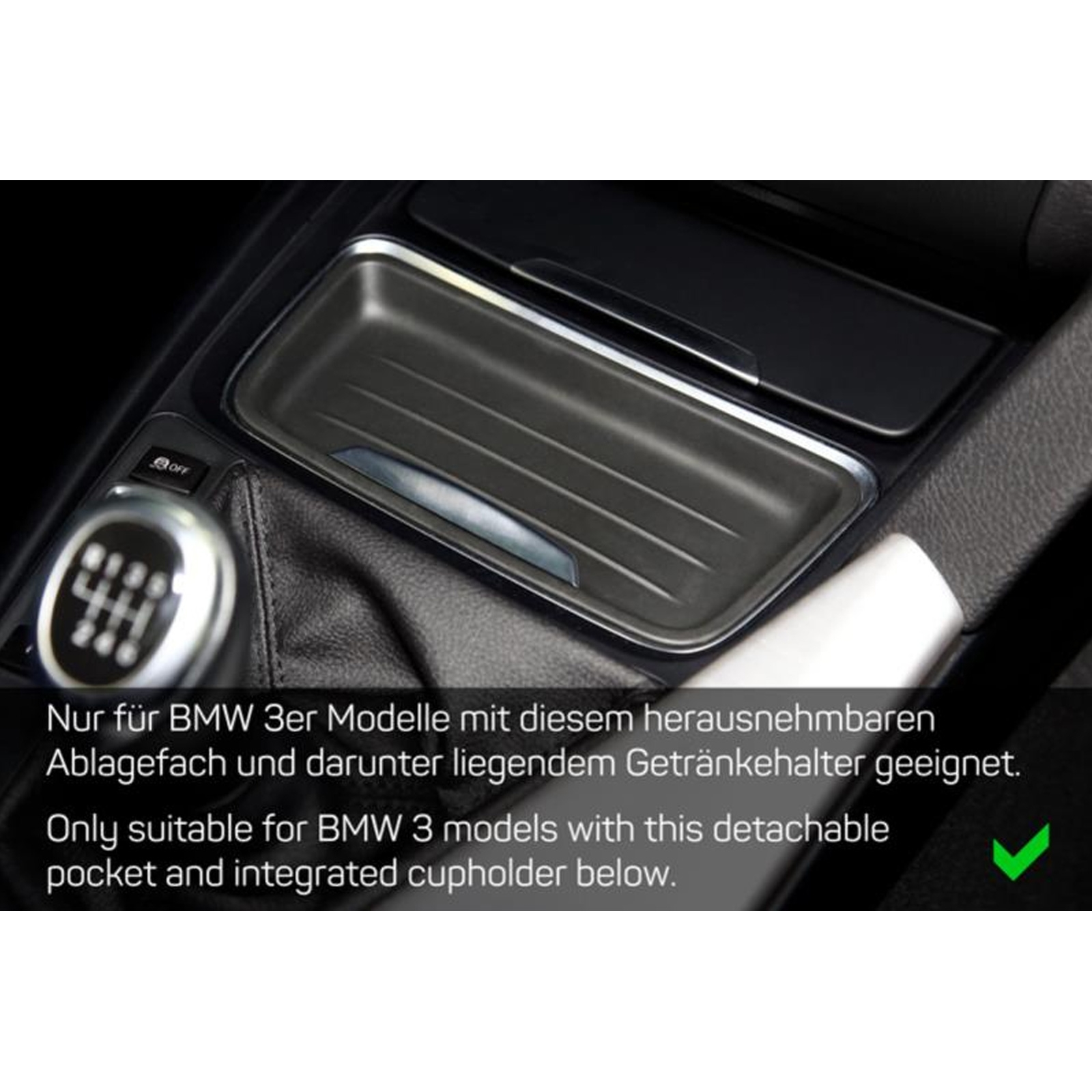 BMW-Autoinnenraum mit Tasche, Gangschaltung. Text auf Deutsch.