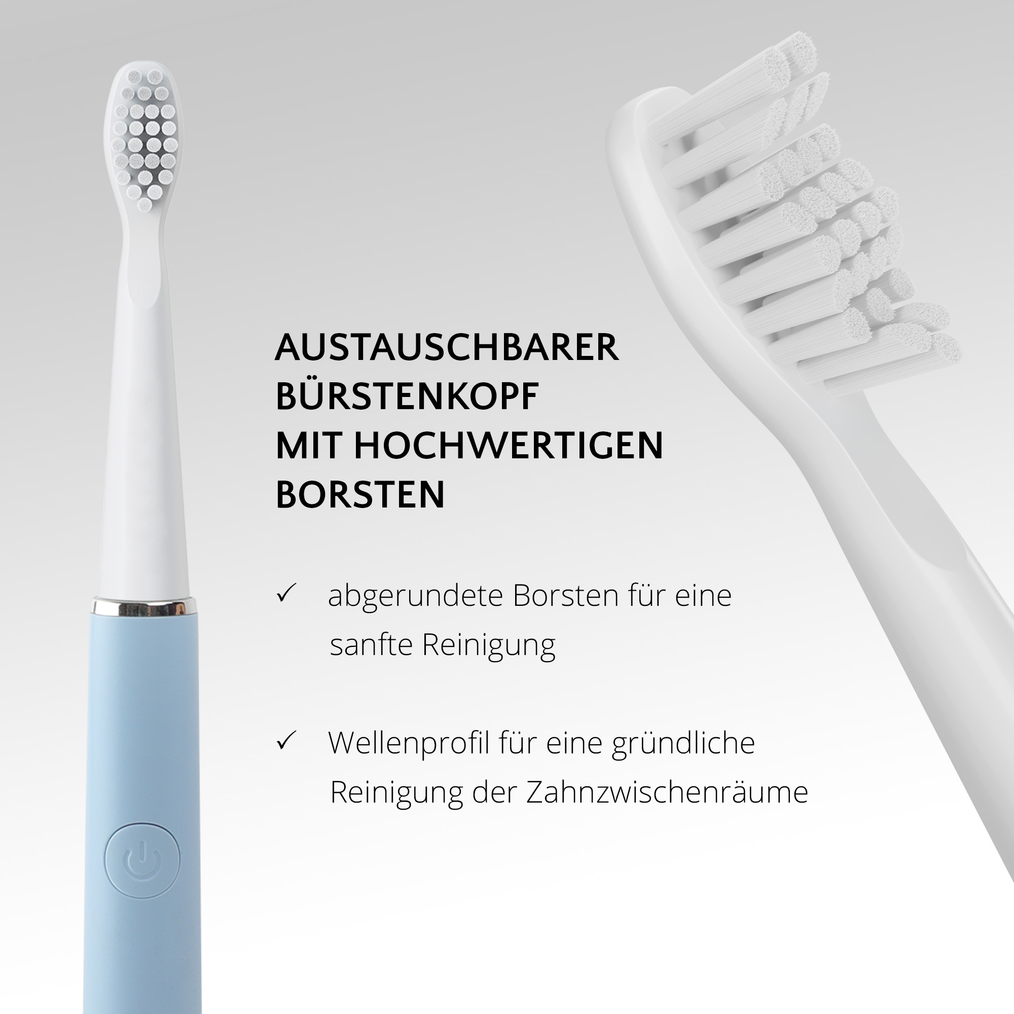Eine blau-weiße Zahnbürste mit Text, der sich auf den austauschbaren Bürstenkopf konzentriert.
