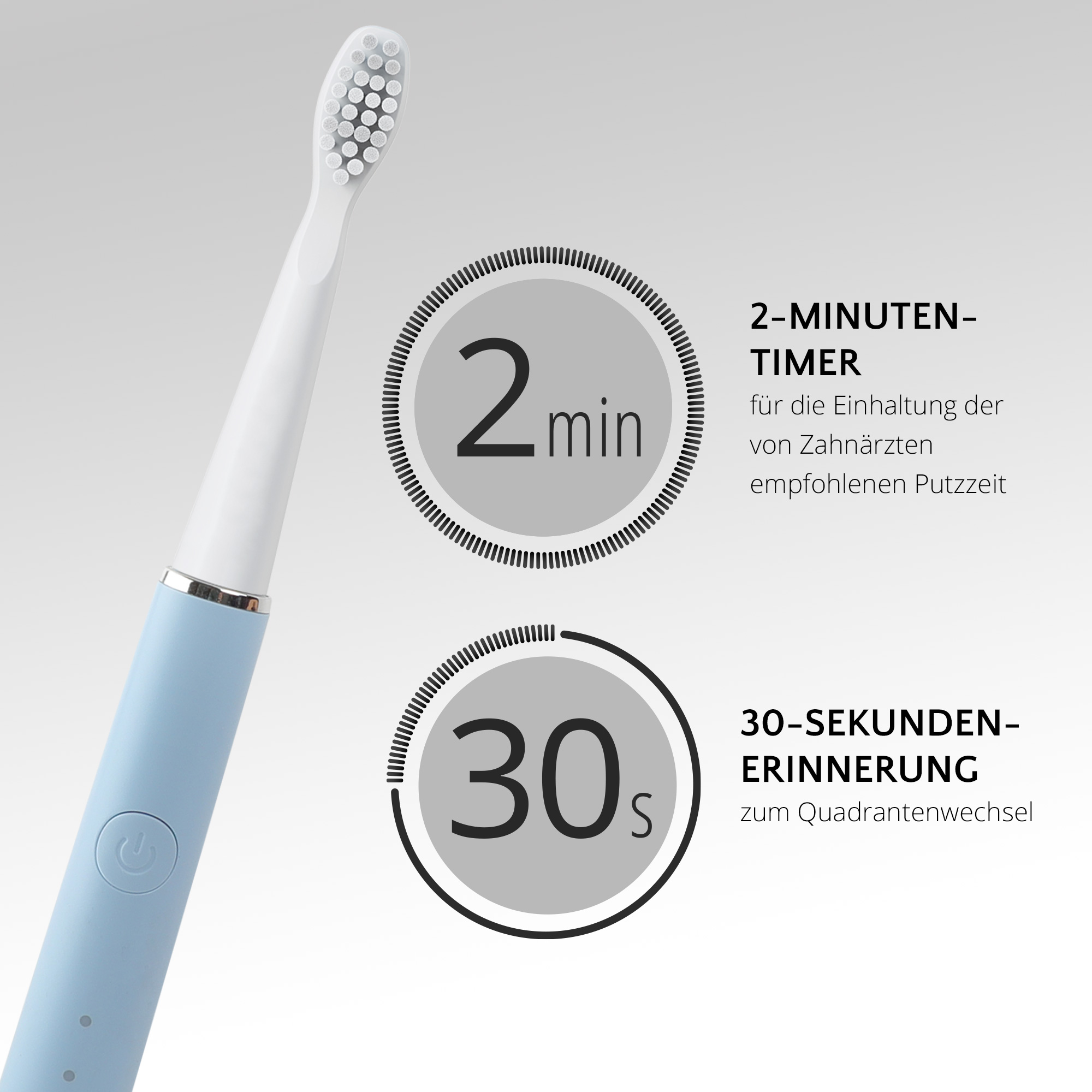 Blaue und weiße elektrische Zahnbürste mit Text: 2-Minuten-Timer, 30-Sekunden-Erinnerung.