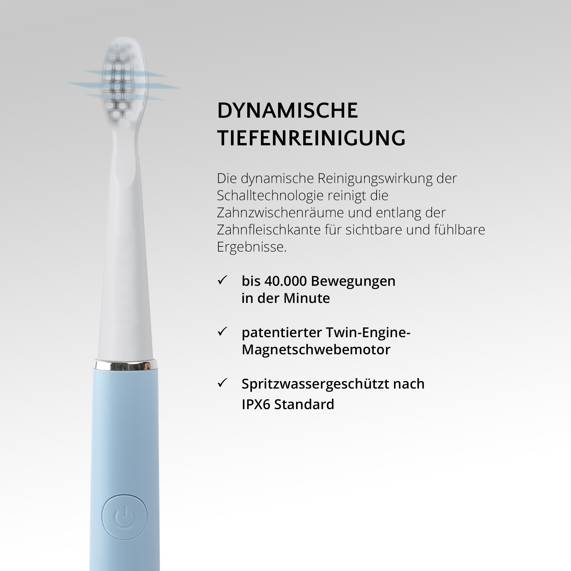 Eine weiße und blaue elektrische Zahnbürste mit Text und Häkchen.