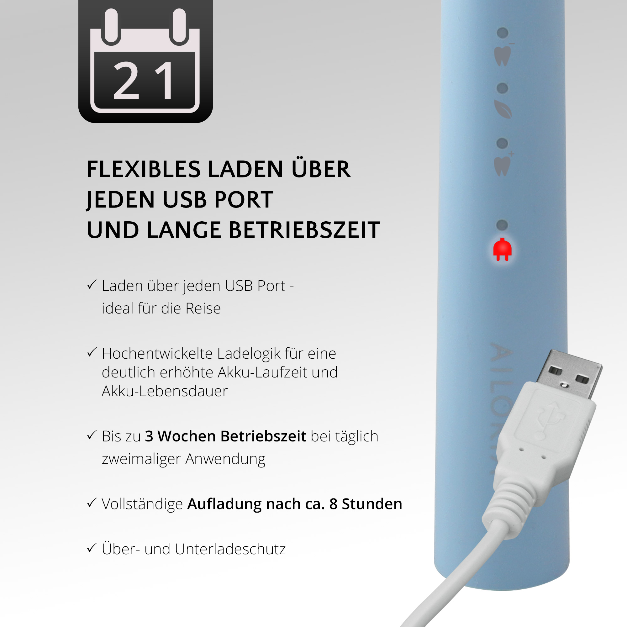 Eine blaue elektrische Zahnbürste und ein USB-Kabel mit Text, der Ladefunktionen detailliert, und ein Kalendersymbol mit der Zahl 21.